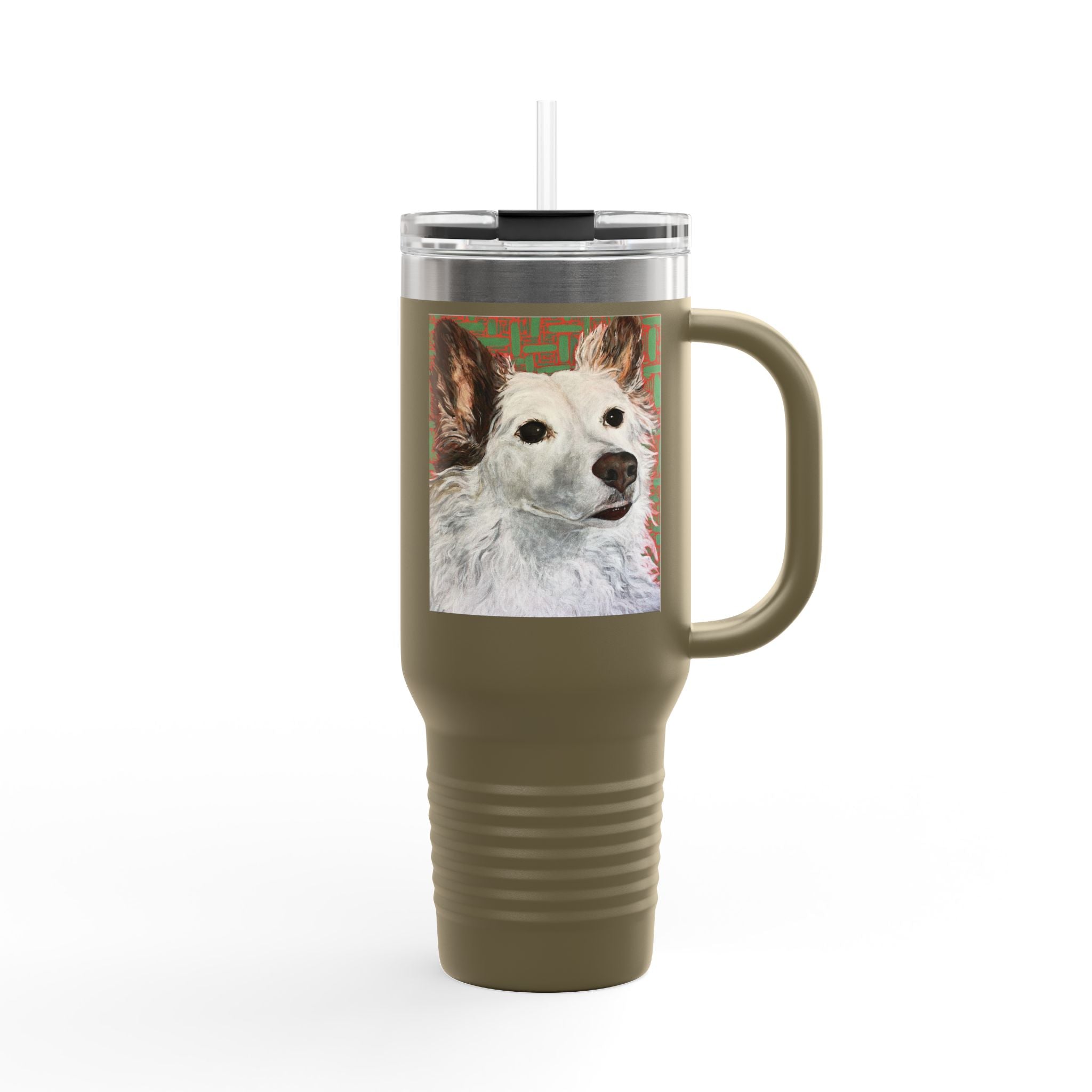White Dog Portrait - 40oz Insulated Travel Mug — Painted White Dog Portrait with Brown Ears on Vibrant Pattern