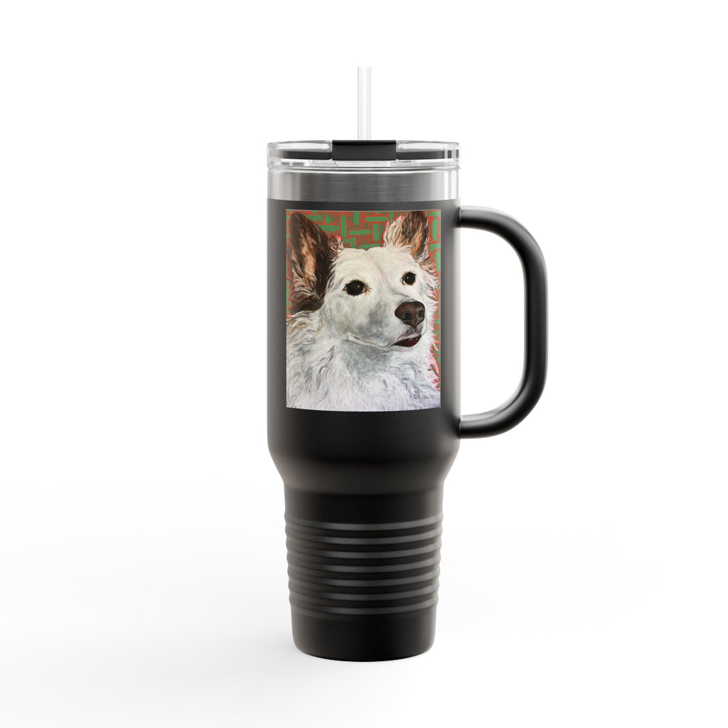 White Dog Portrait - 40oz Insulated Travel Mug — Painted White Dog Portrait with Brown Ears on Vibrant Pattern