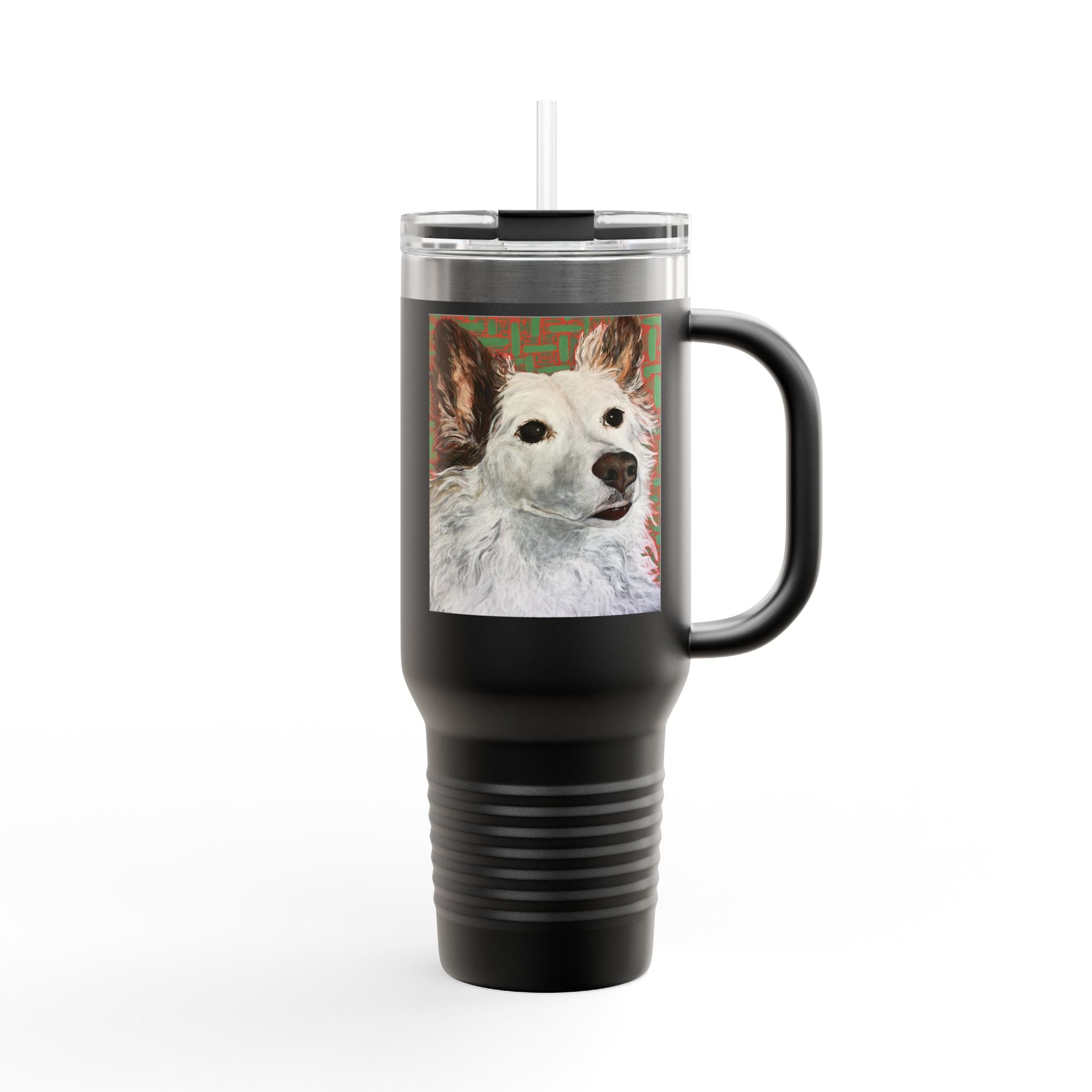 White Dog Portrait - 40oz Insulated Travel Mug — Painted White Dog Portrait with Brown Ears on Vibrant Pattern
