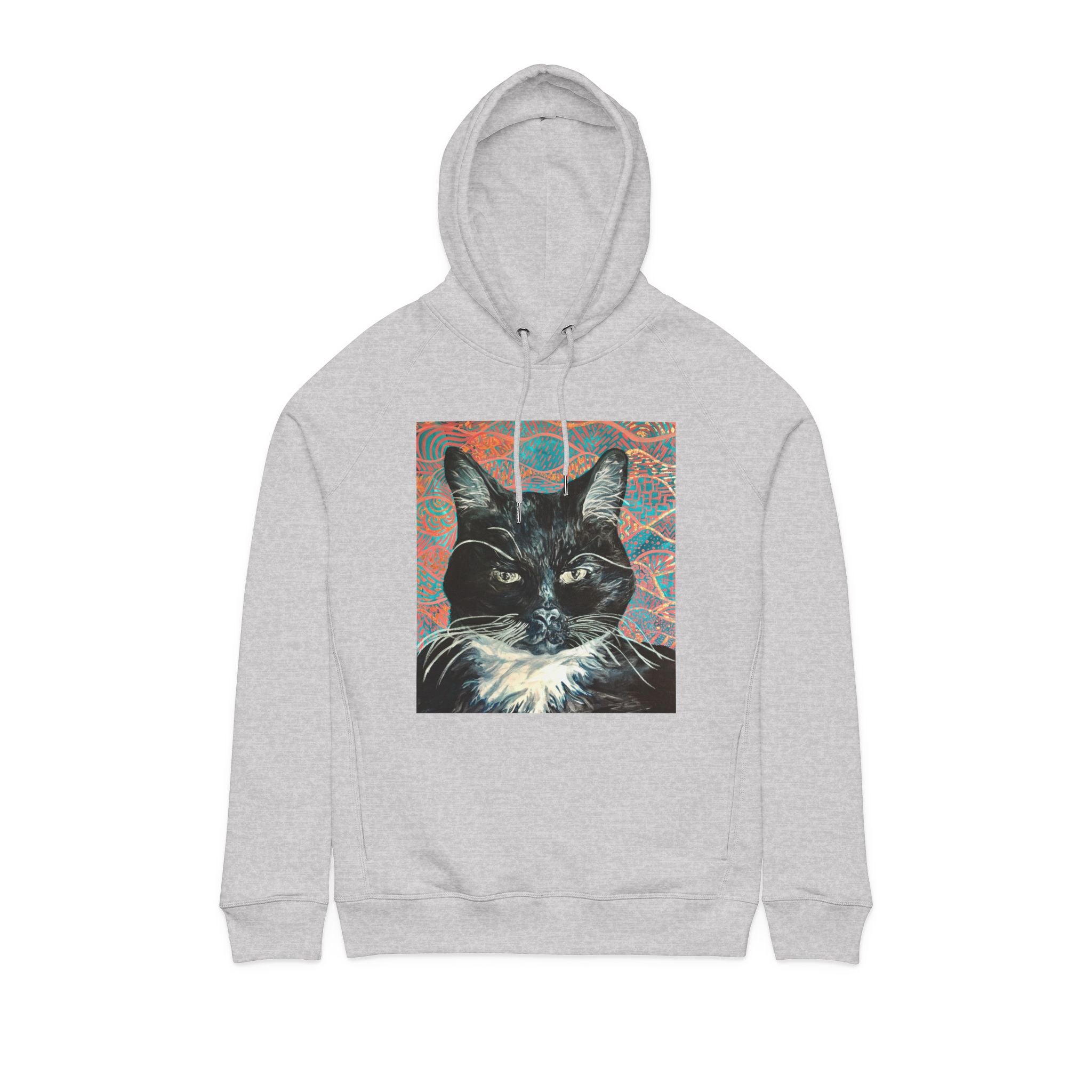 Black Cat Portrait -Organic Side‑Pocket Hoodie — Minimal White Pullover