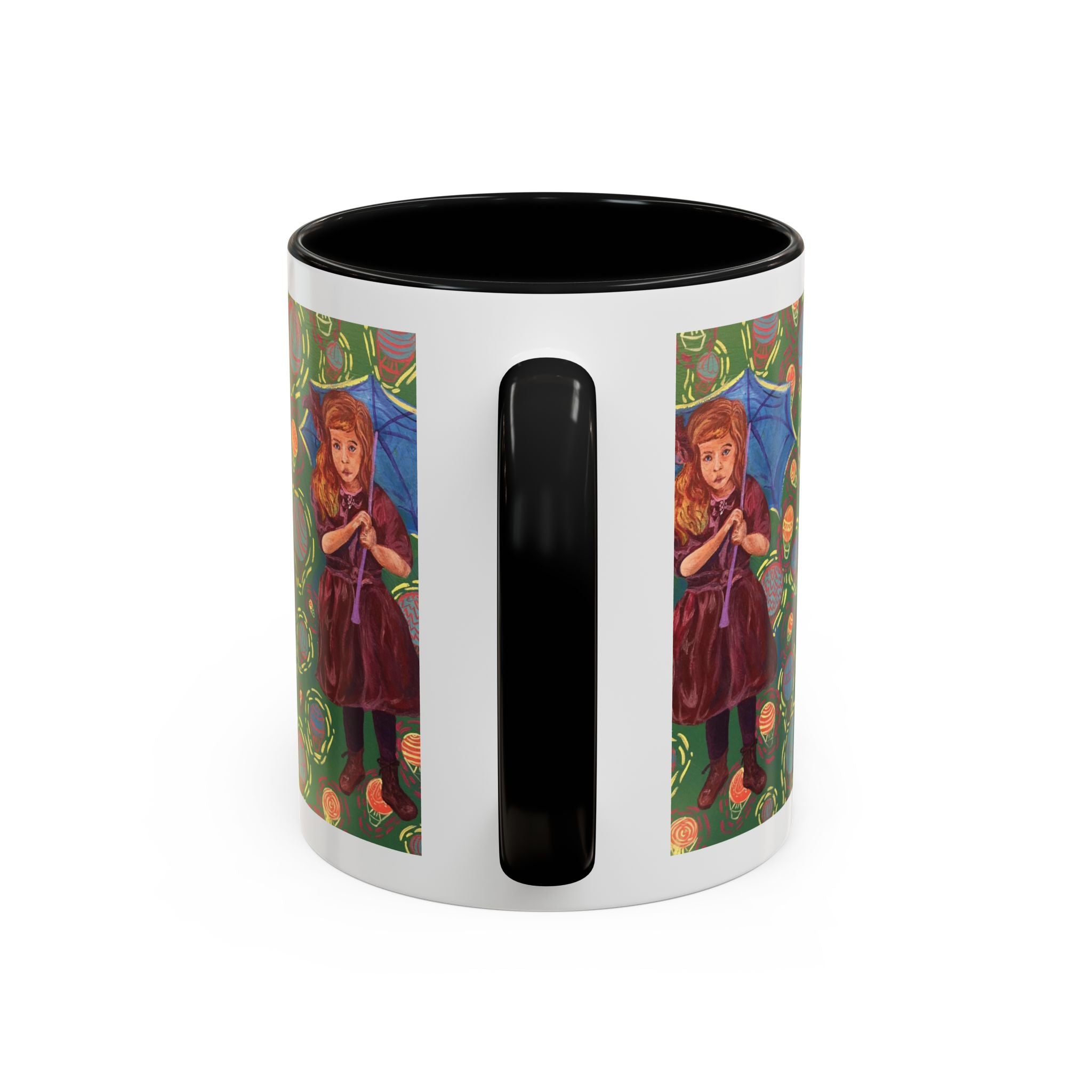 Vintage Girl with Umbrella Accent Coffee Mug — Whimsical Rainy-Day Art Gift (11/15 oz)
