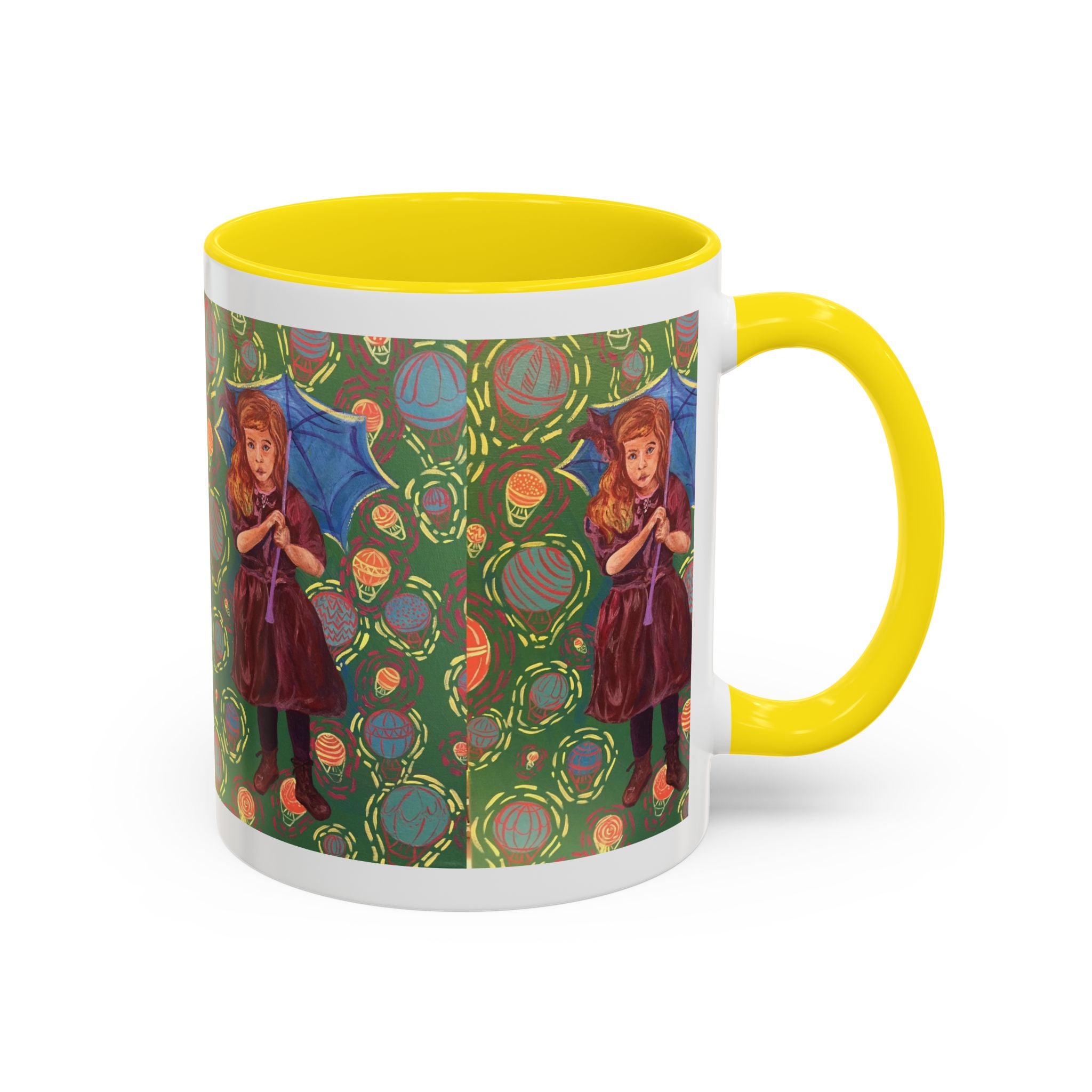 Vintage Girl with Umbrella Accent Coffee Mug — Whimsical Rainy-Day Art Gift (11/15 oz)