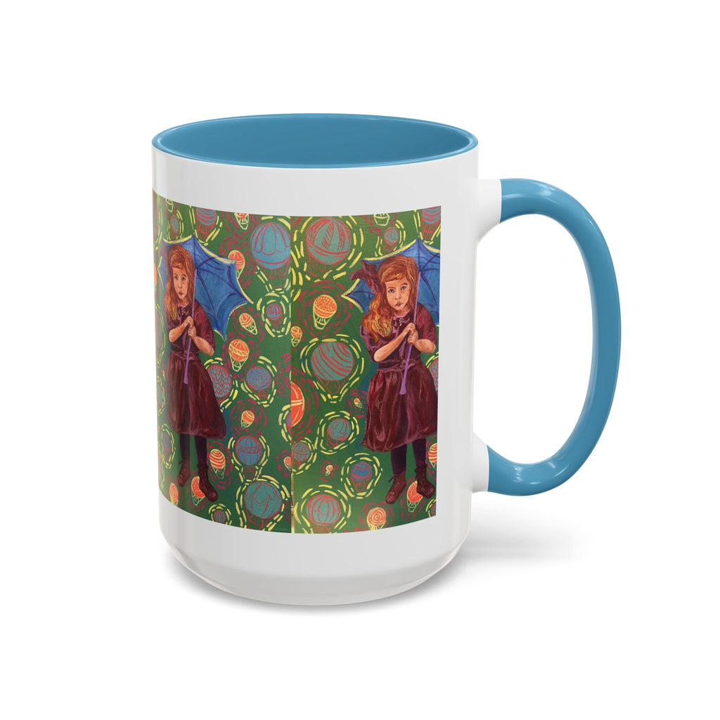 Vintage Girl with Umbrella Accent Coffee Mug — Whimsical Rainy-Day Art Gift (11/15 oz)