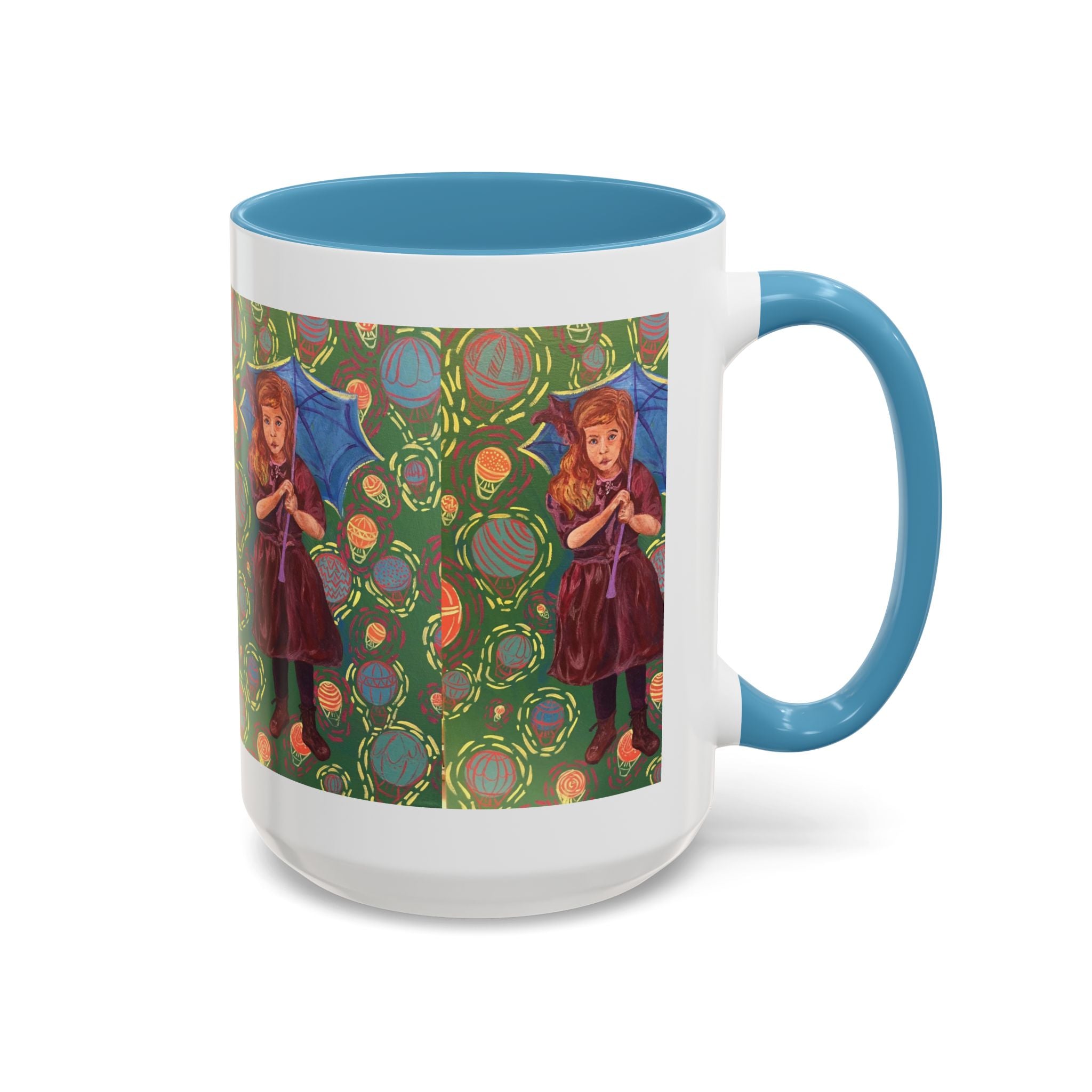 Vintage Girl with Umbrella Accent Coffee Mug — Whimsical Rainy-Day Art Gift (11/15 oz)