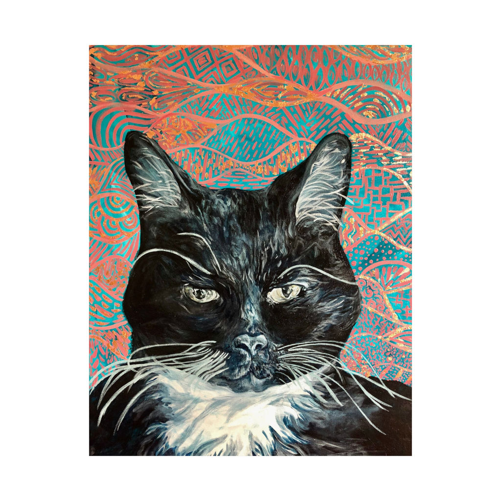 Black Cat Portrait Matte Poster — Vertical Wall Art on Patterned Background