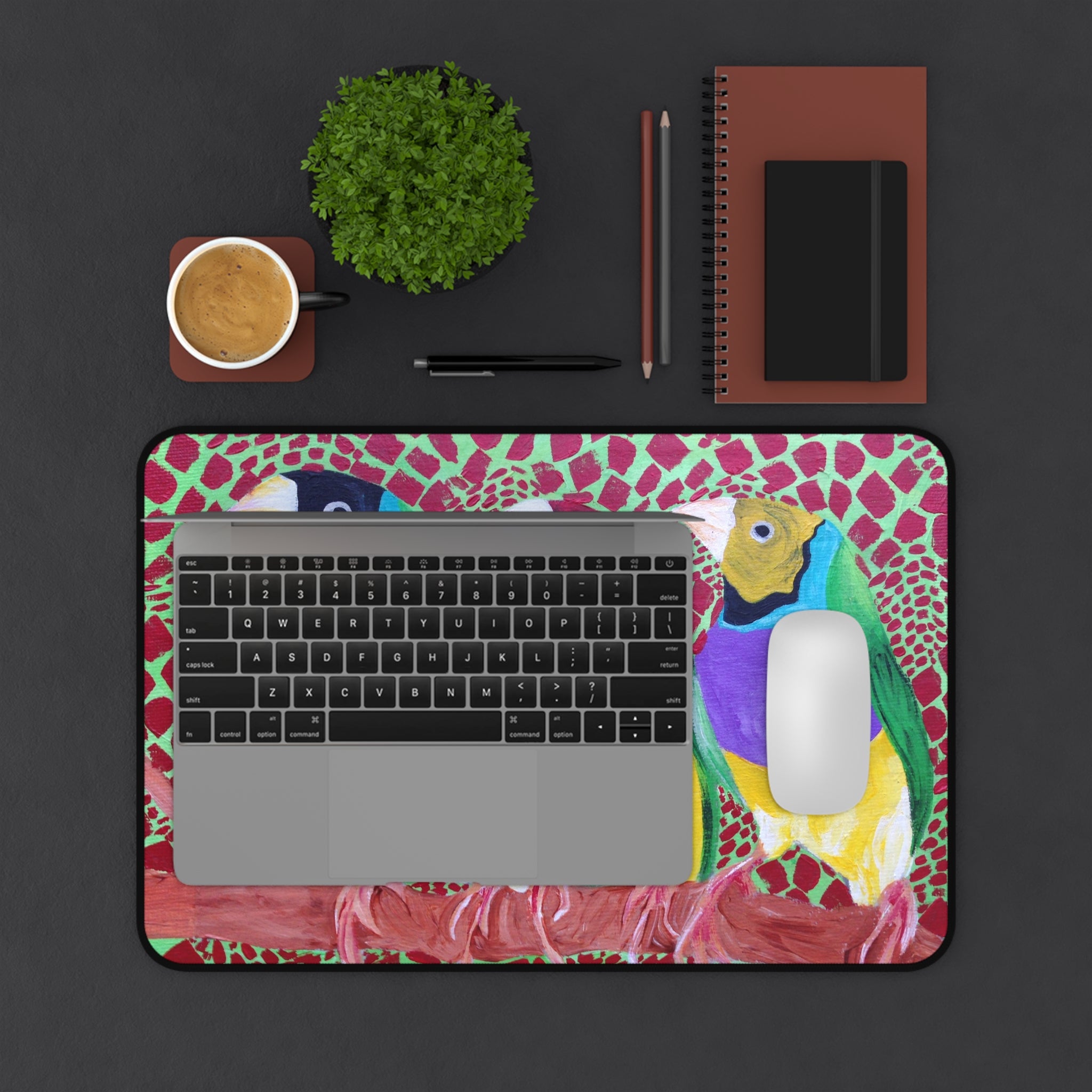 Gouldian Finch Trio - Colorful Bird Desk Mat — Three Birds on Patterned Background