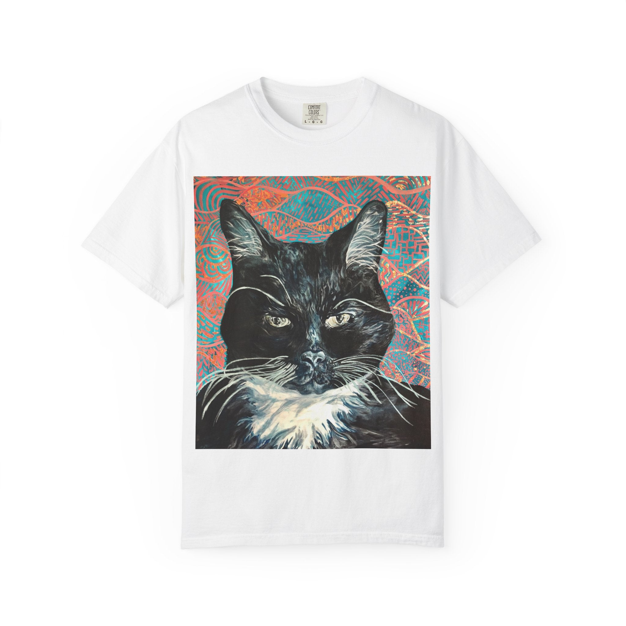 Black Cat Portrait T-Shirt — Painted Portrait on Pattern Background