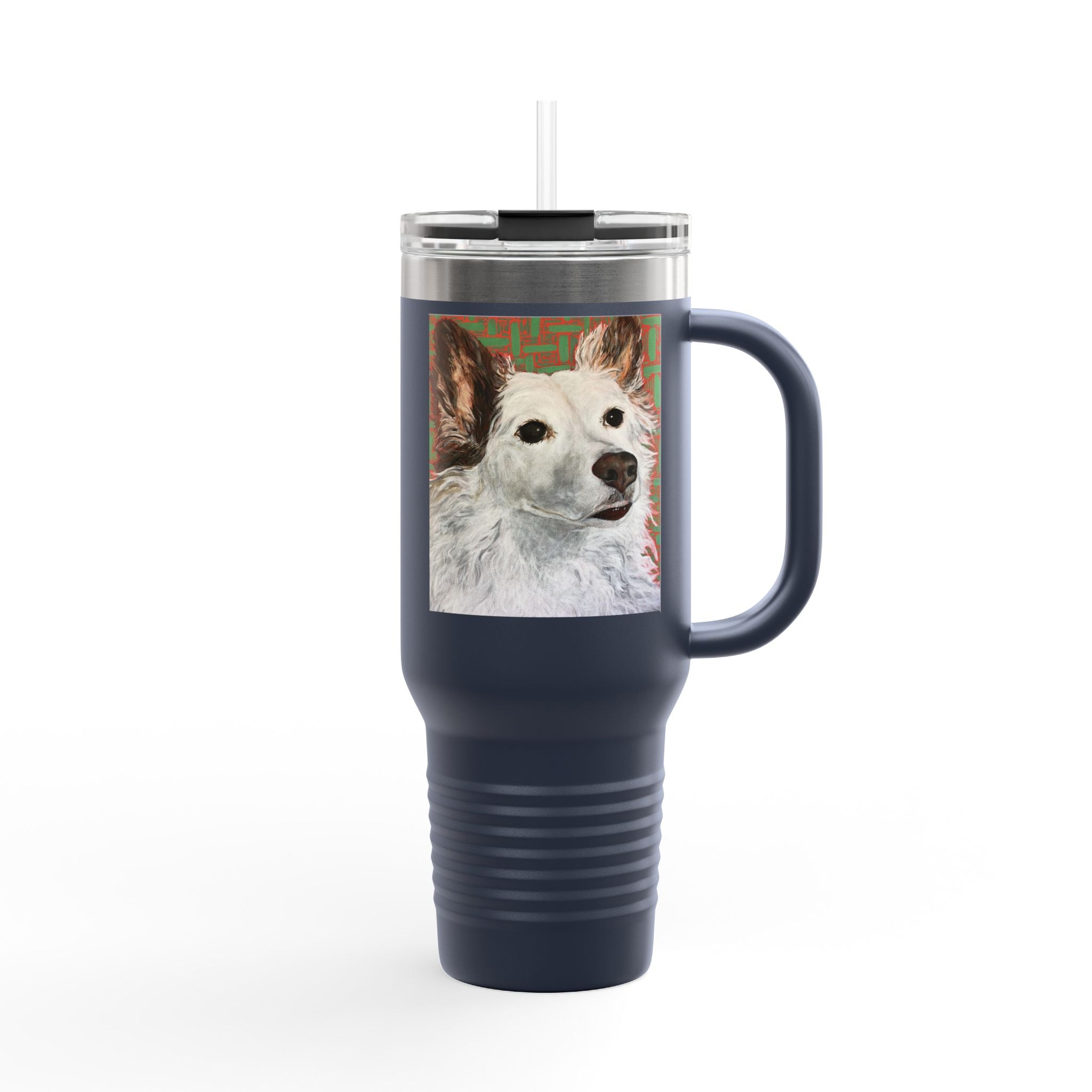 White Dog Portrait - 40oz Insulated Travel Mug — Painted White Dog Portrait with Brown Ears on Vibrant Pattern