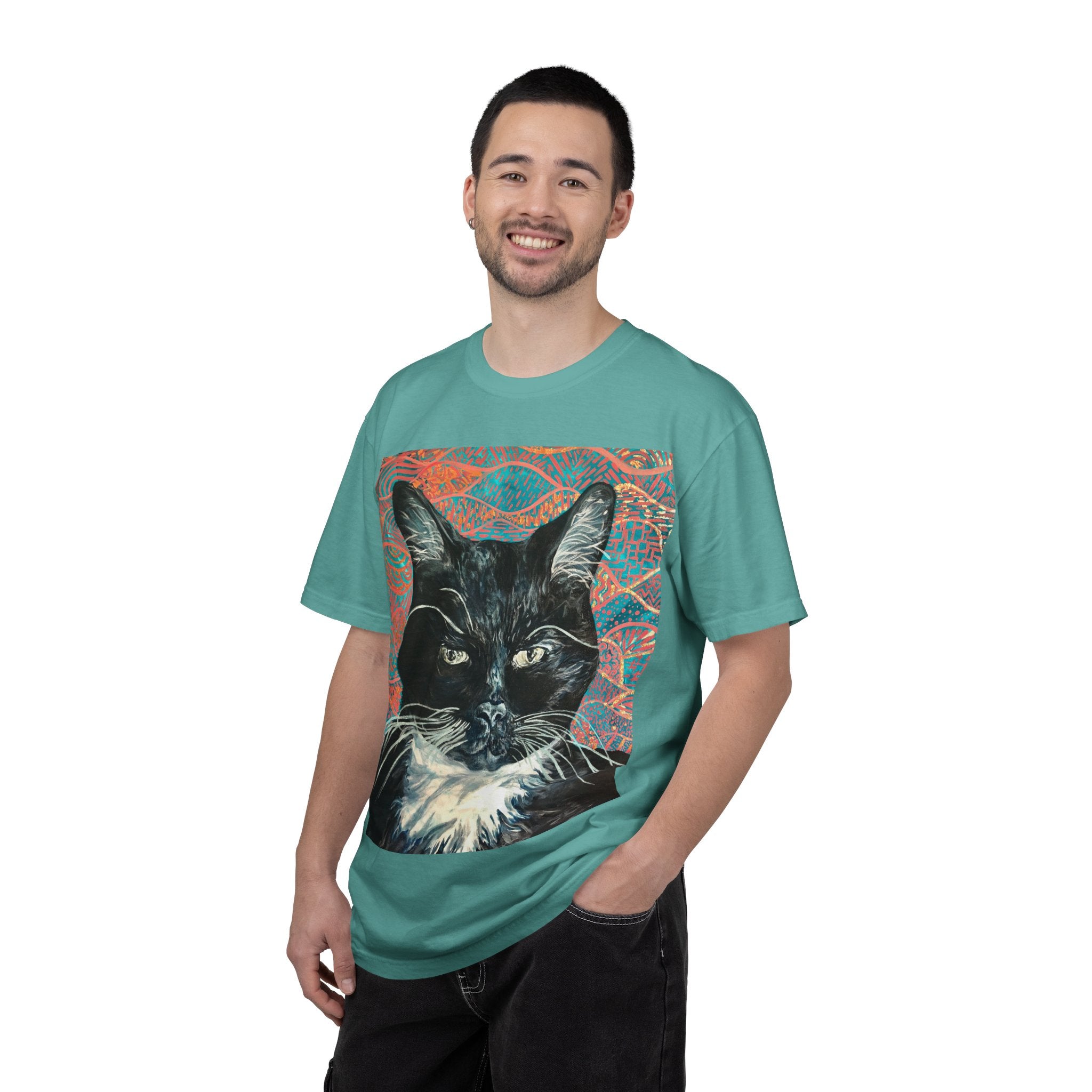 Black Cat Portrait T-Shirt — Painted Portrait on Pattern Background