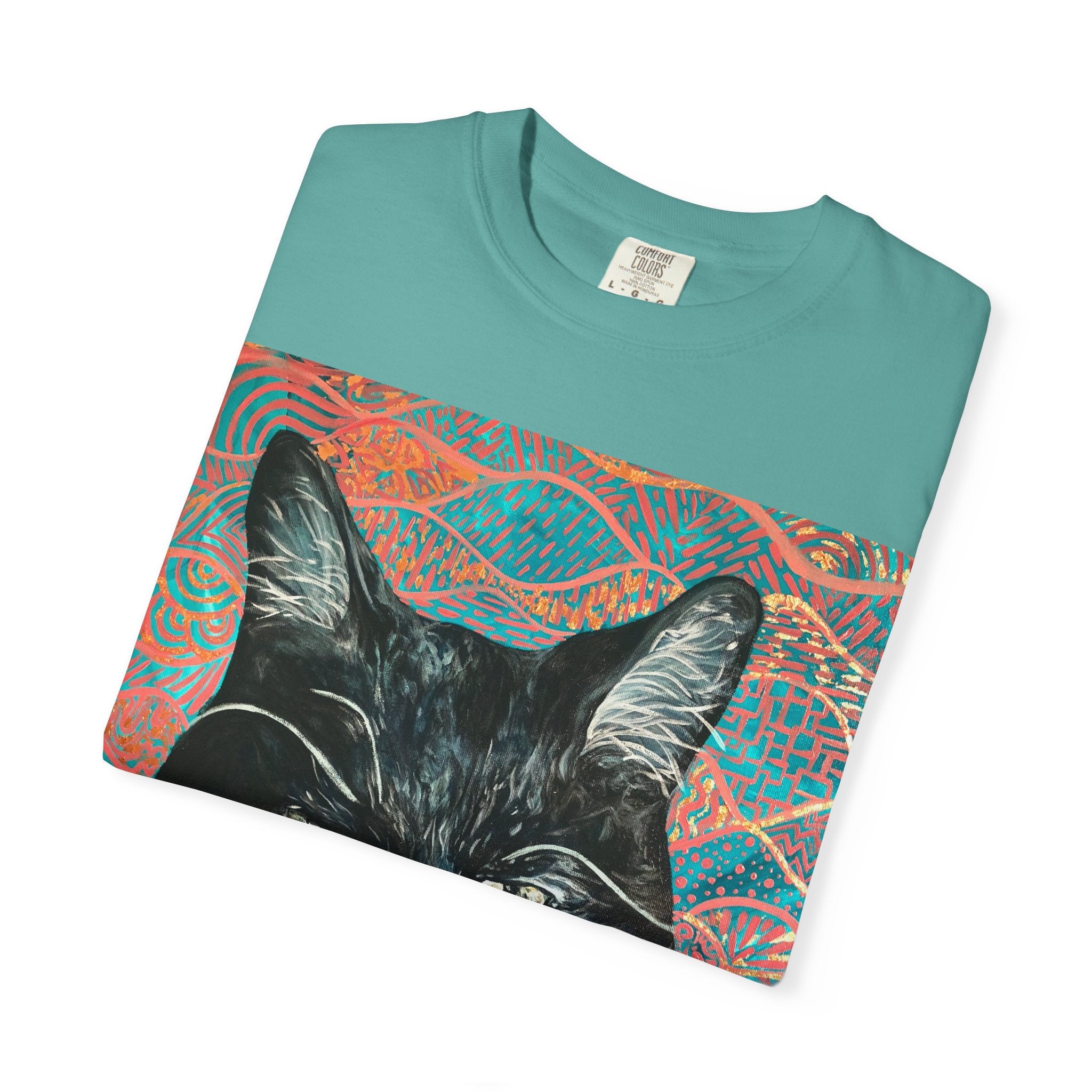 Black Cat Portrait T-Shirt — Painted Portrait on Pattern Background
