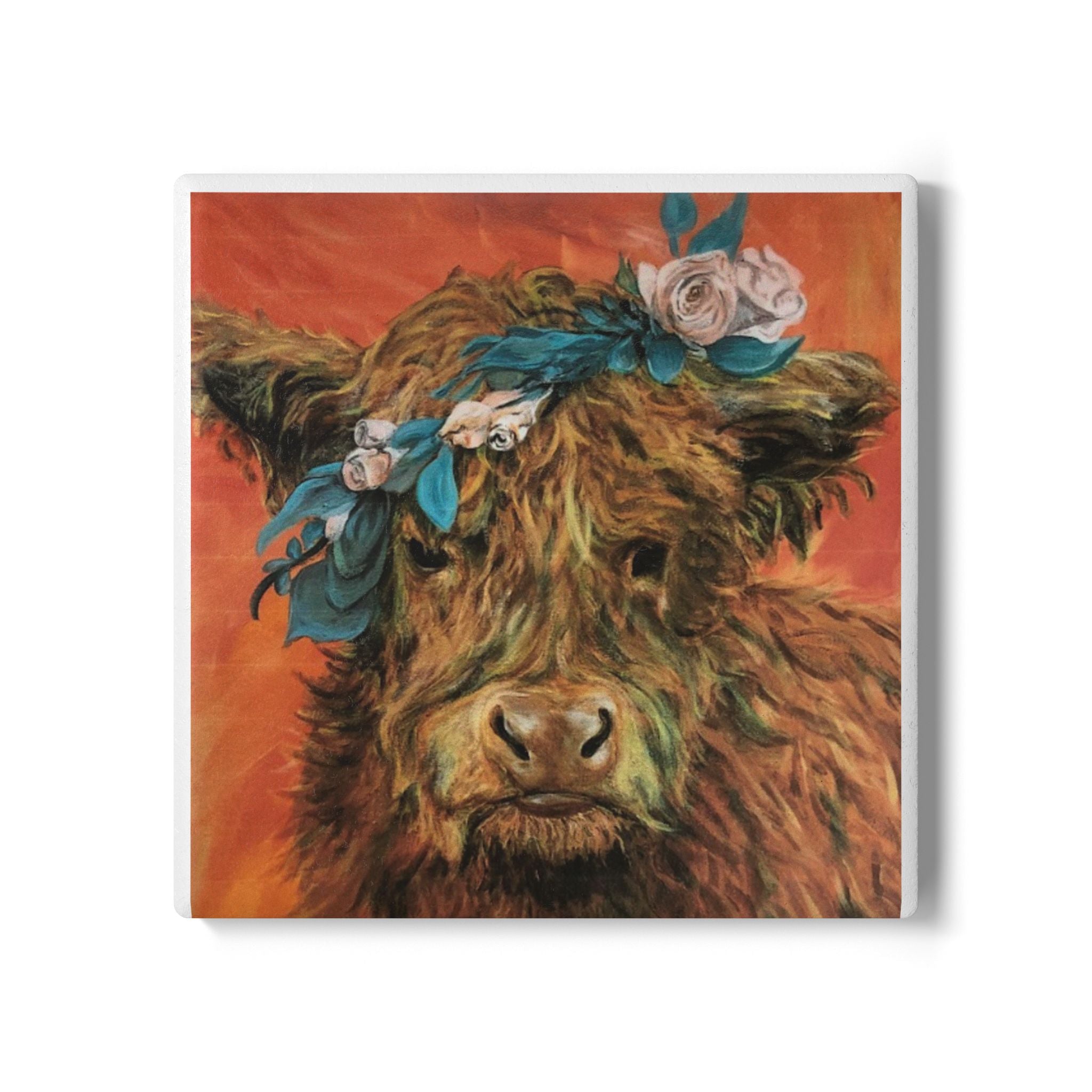 Highland Cow Floral Crown Ceramic Coaster — Rustic Farmhouse Drink Protector