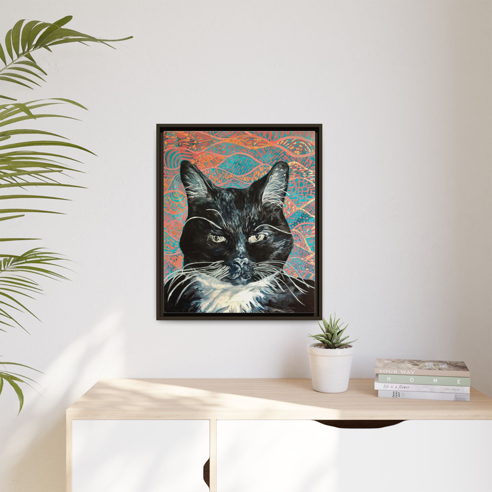 Black Cat Portrait Wall Art_ Framed Matte Canvas Cat Portrait