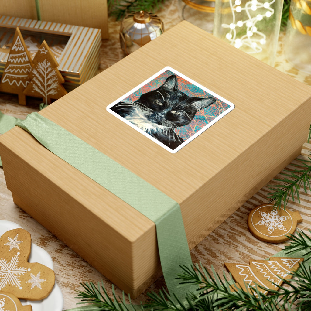 Black Cat Portrait Kiss-Cut Sticker — Patterned Background