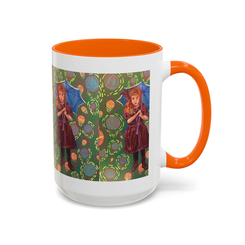 Vintage Girl with Umbrella Accent Coffee Mug — Whimsical Rainy-Day Art Gift (11/15 oz)