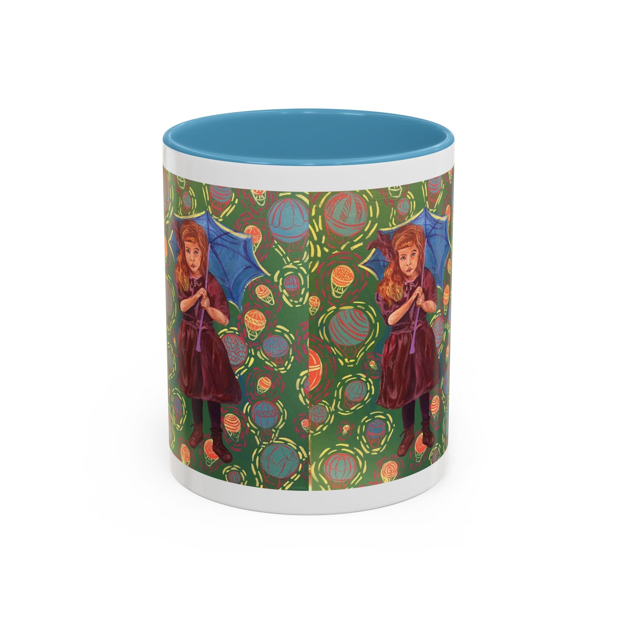Vintage Girl with Umbrella Accent Coffee Mug — Whimsical Rainy-Day Art Gift (11/15 oz)