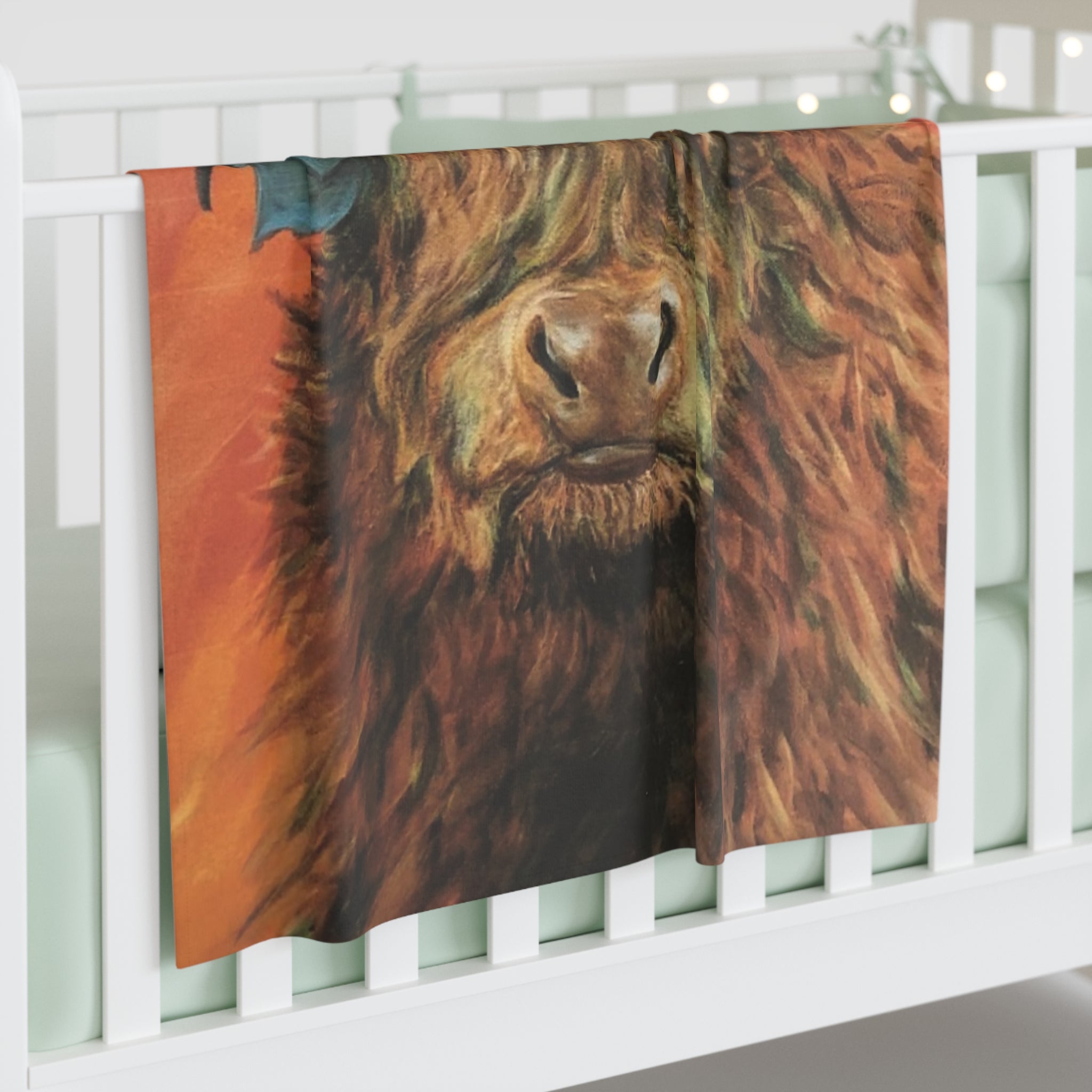 Highland Cow Portrait Baby Swaddle Blanket — Vibrant Highland Calf Nursery Wrap