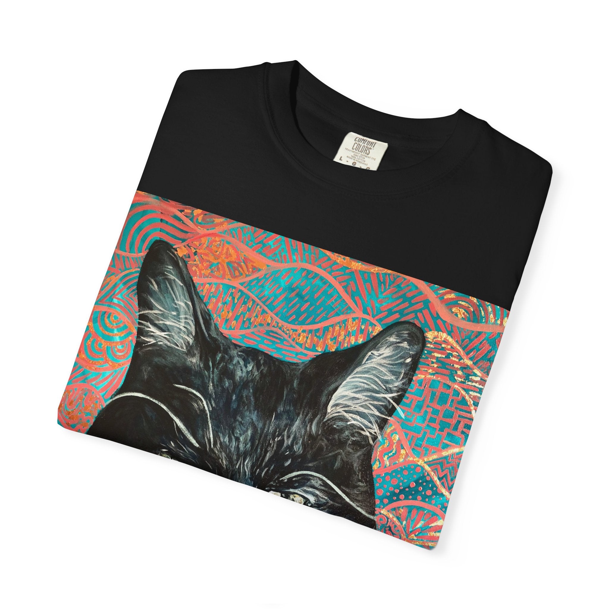Black Cat Portrait T-Shirt — Painted Portrait on Pattern Background