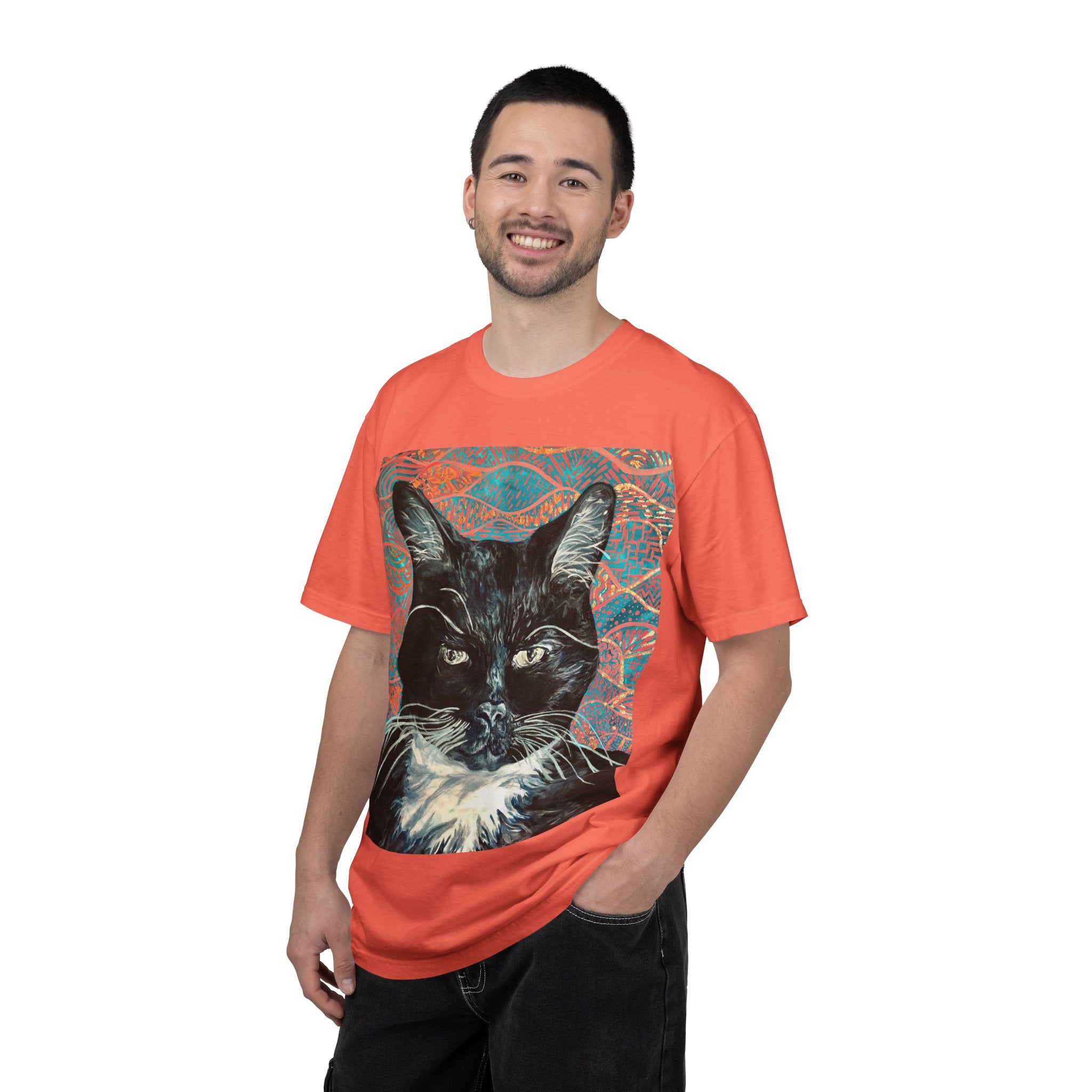 Black Cat Portrait T-Shirt — Painted Portrait on Pattern Background