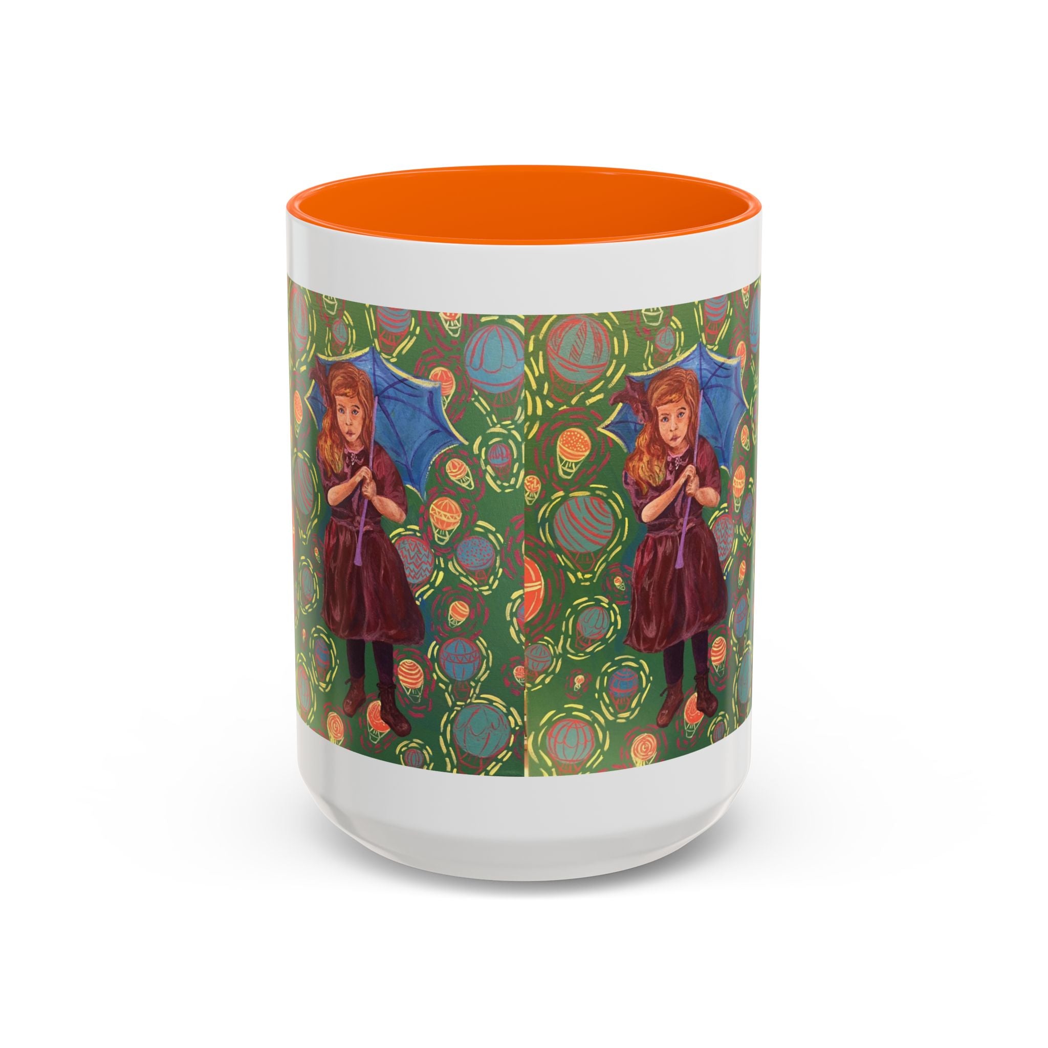 Vintage Girl with Umbrella Accent Coffee Mug — Whimsical Rainy-Day Art Gift (11/15 oz)