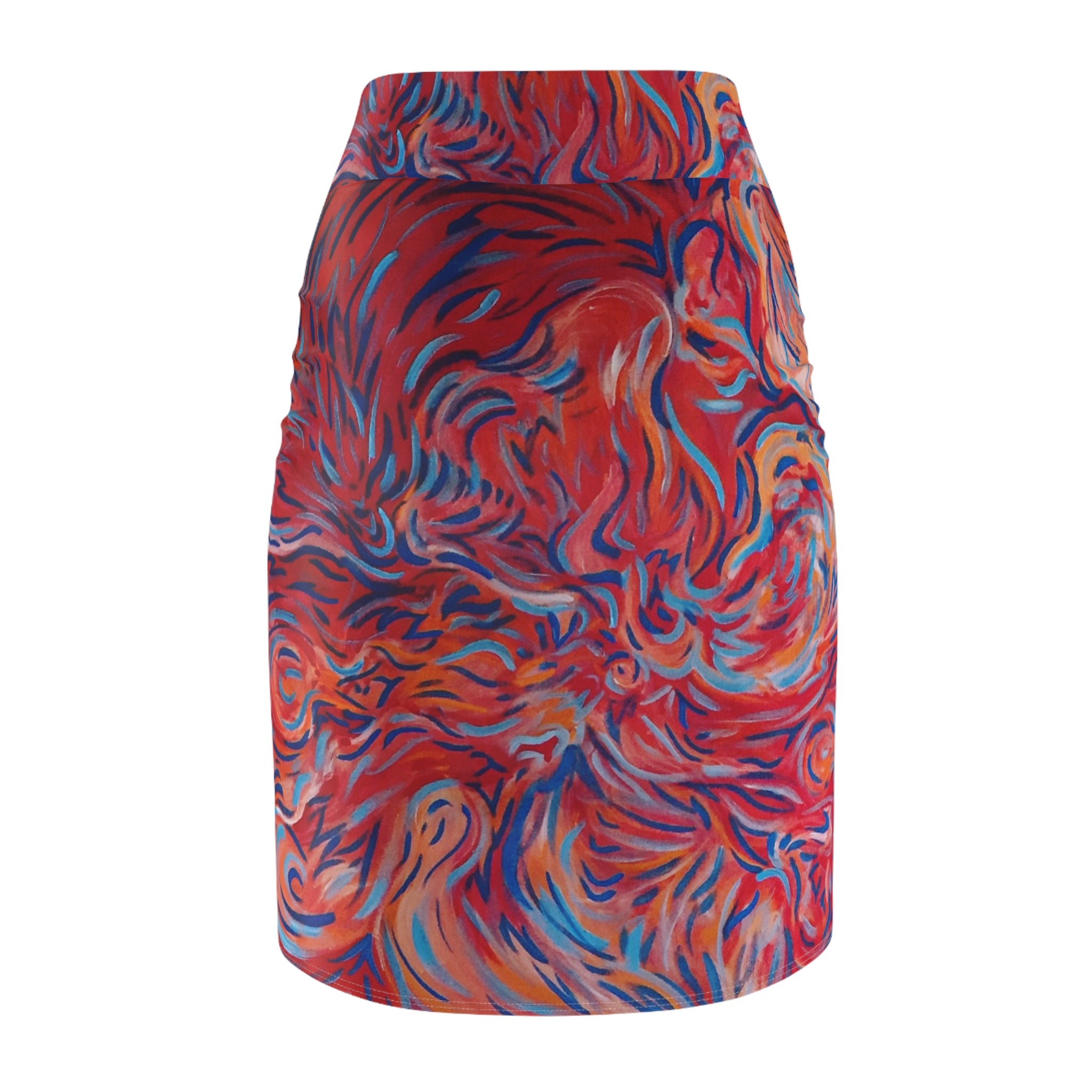 Abstract Flame Swirl Pencil Skirt — Bold Artistic Printed Pencil Skirt