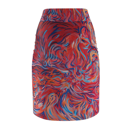 Abstract Flame Swirl Pencil Skirt — Bold Artistic Printed Pencil Skirt