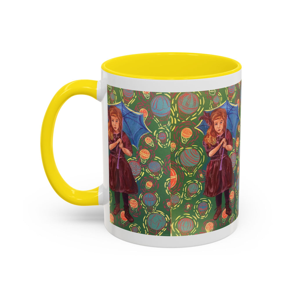 Vintage Girl with Umbrella Accent Coffee Mug — Whimsical Rainy-Day Art Gift (11/15 oz)