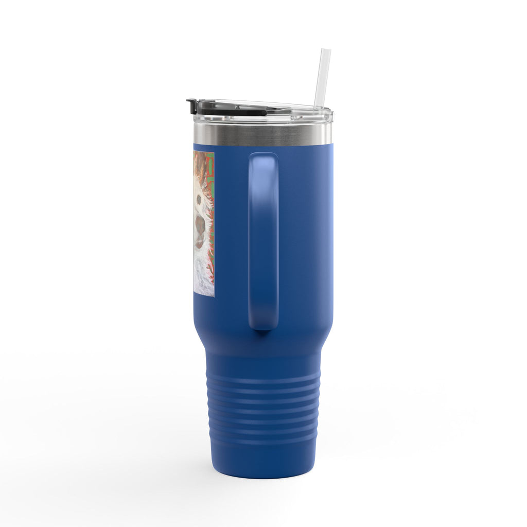 White Dog Portrait - 40oz Insulated Travel Mug — Painted White Dog Portrait with Brown Ears on Vibrant Pattern