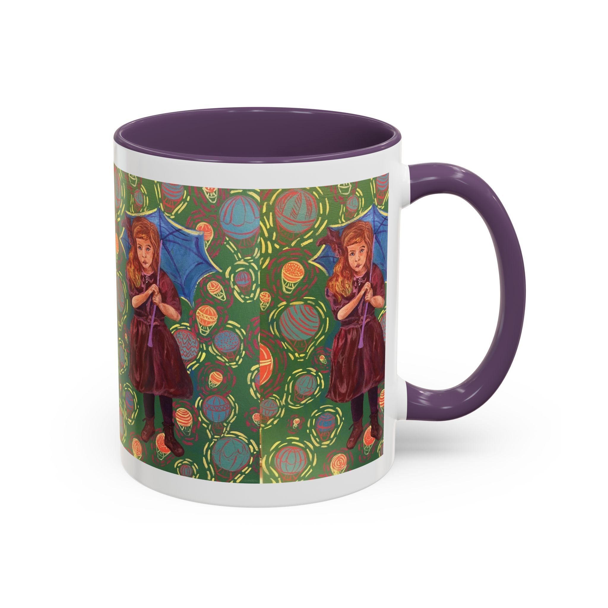 Vintage Girl with Umbrella Accent Coffee Mug — Whimsical Rainy-Day Art Gift (11/15 oz)