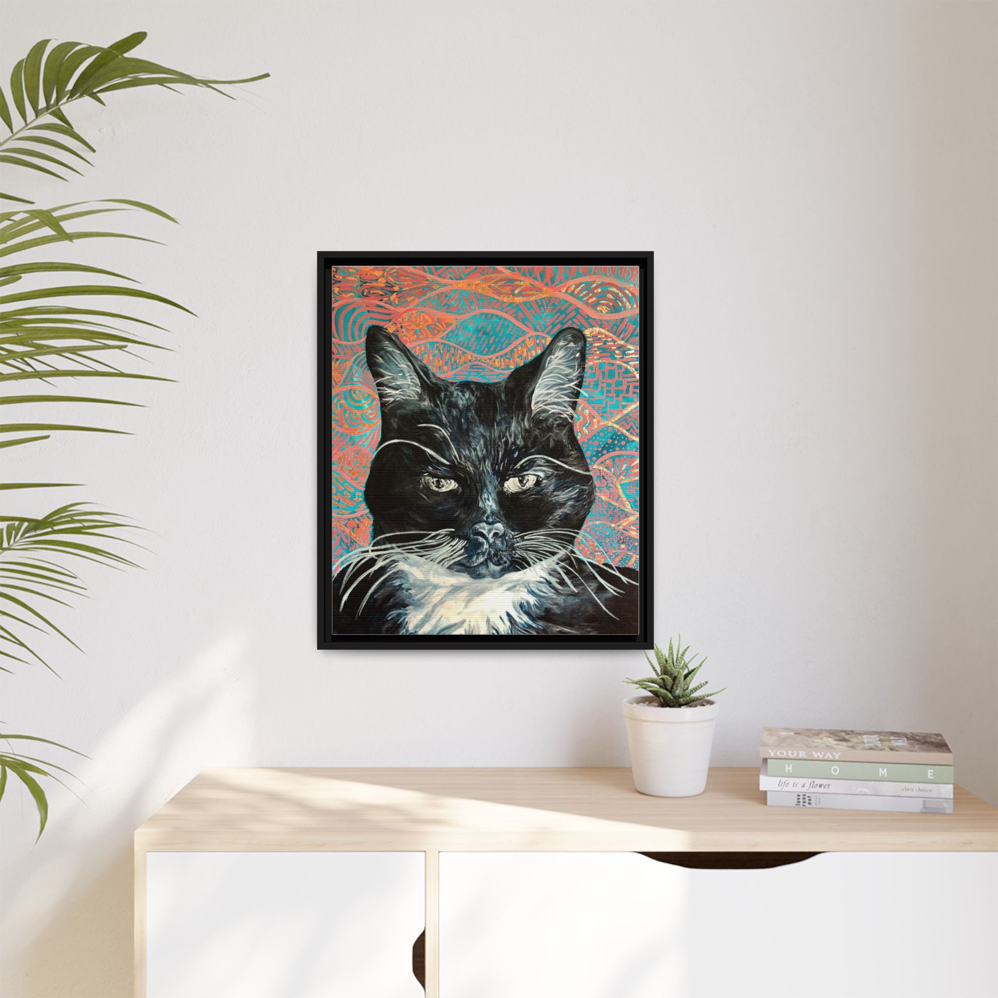 Black Cat Portrait Wall Art_ Framed Matte Canvas Cat Portrait