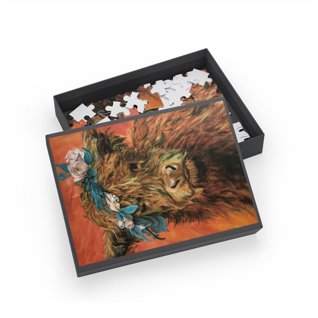 Highland Cow Floral Crown Puzzle — Scenic Animal Jigsaw (96–1000 pcs)