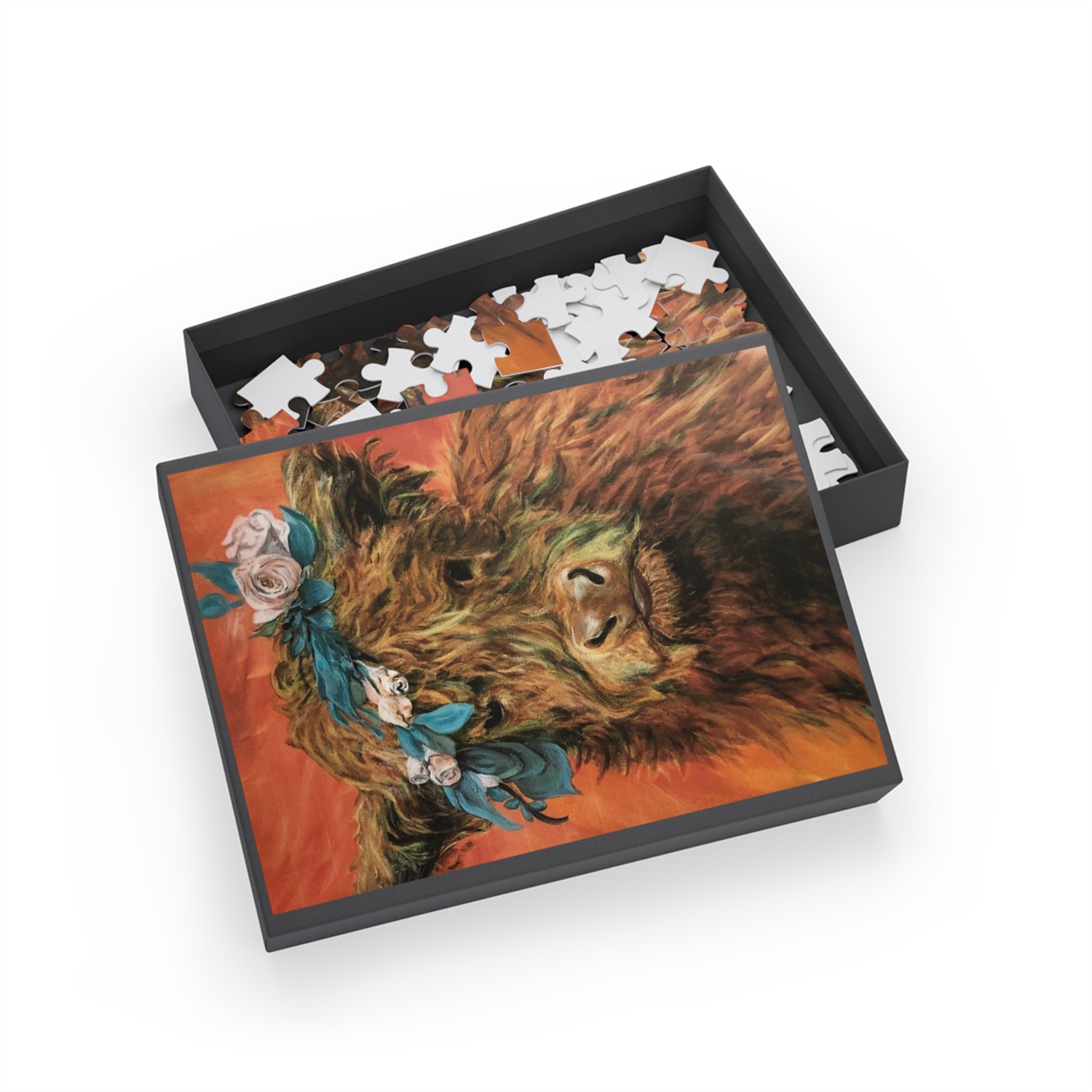 Highland Cow Floral Crown Puzzle — Scenic Animal Jigsaw (96–1000 pcs)