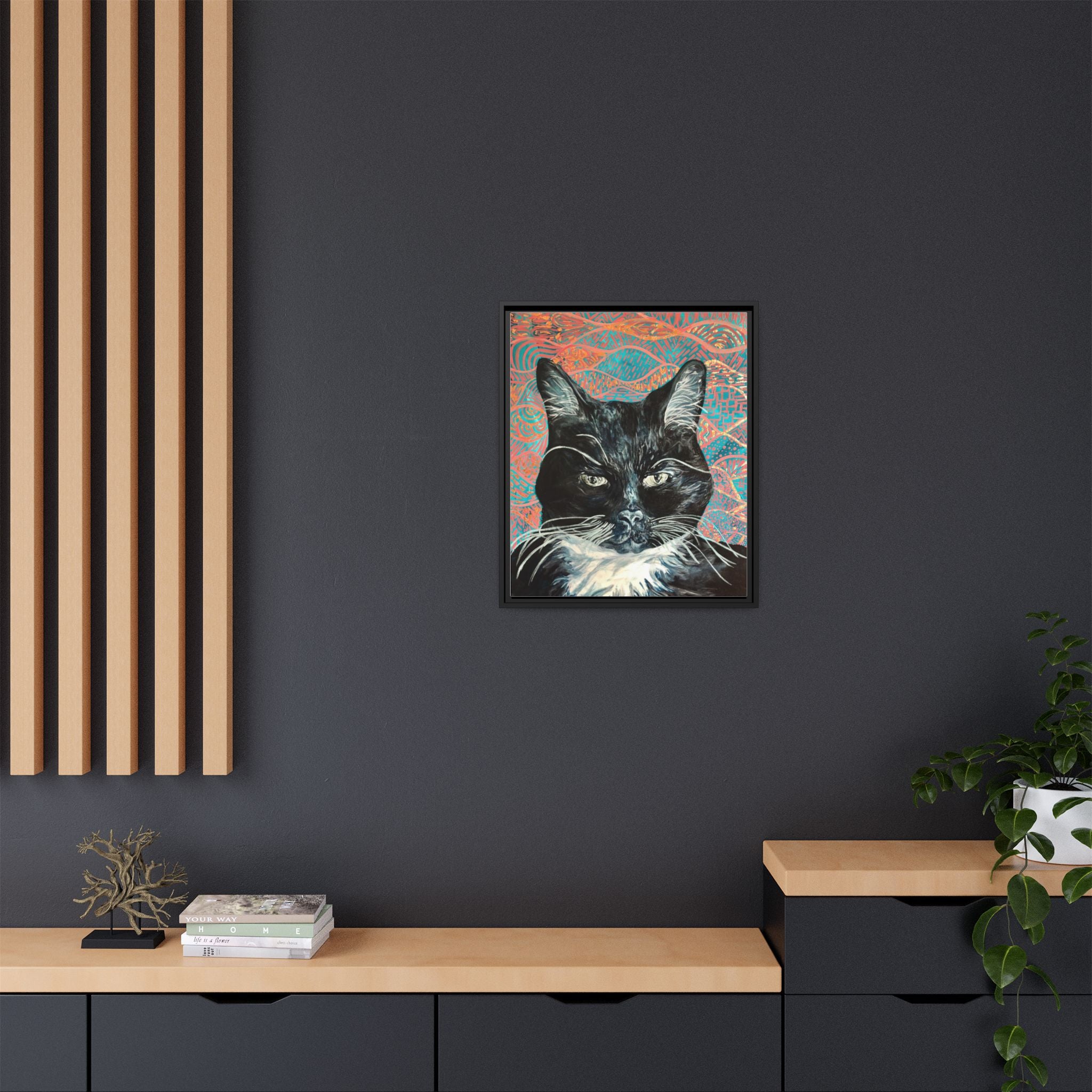 Black Cat Portrait Wall Art_ Framed Matte Canvas Cat Portrait