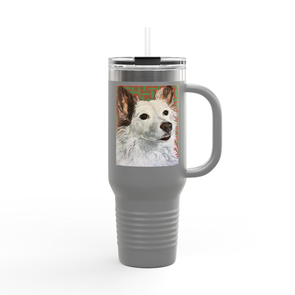 White Dog Portrait - 40oz Insulated Travel Mug — Painted White Dog Portrait with Brown Ears on Vibrant Pattern