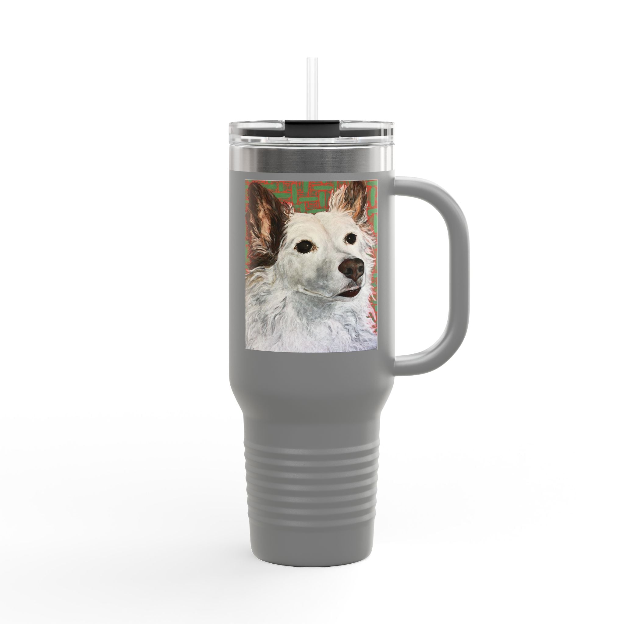 White Dog Portrait - 40oz Insulated Travel Mug — Painted White Dog Portrait with Brown Ears on Vibrant Pattern