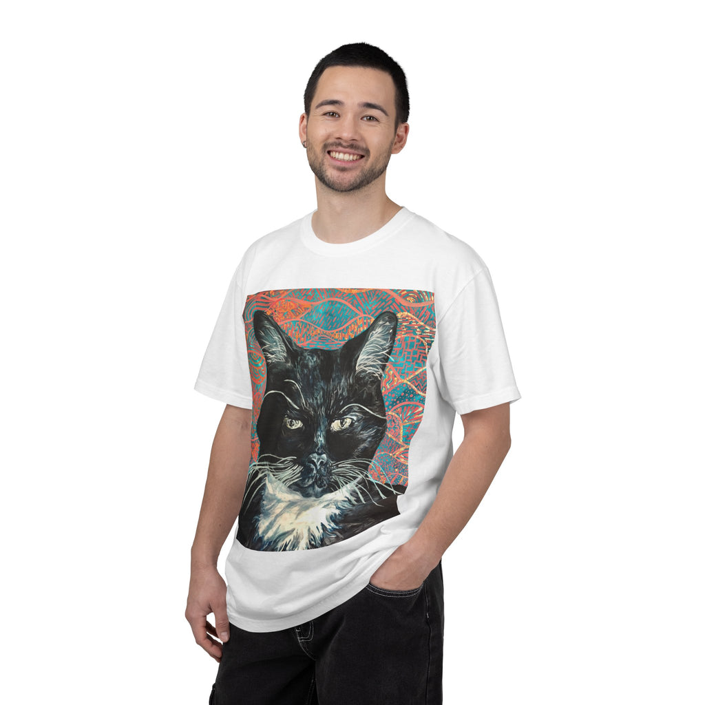 Black Cat Portrait T-Shirt — Painted Portrait on Pattern Background
