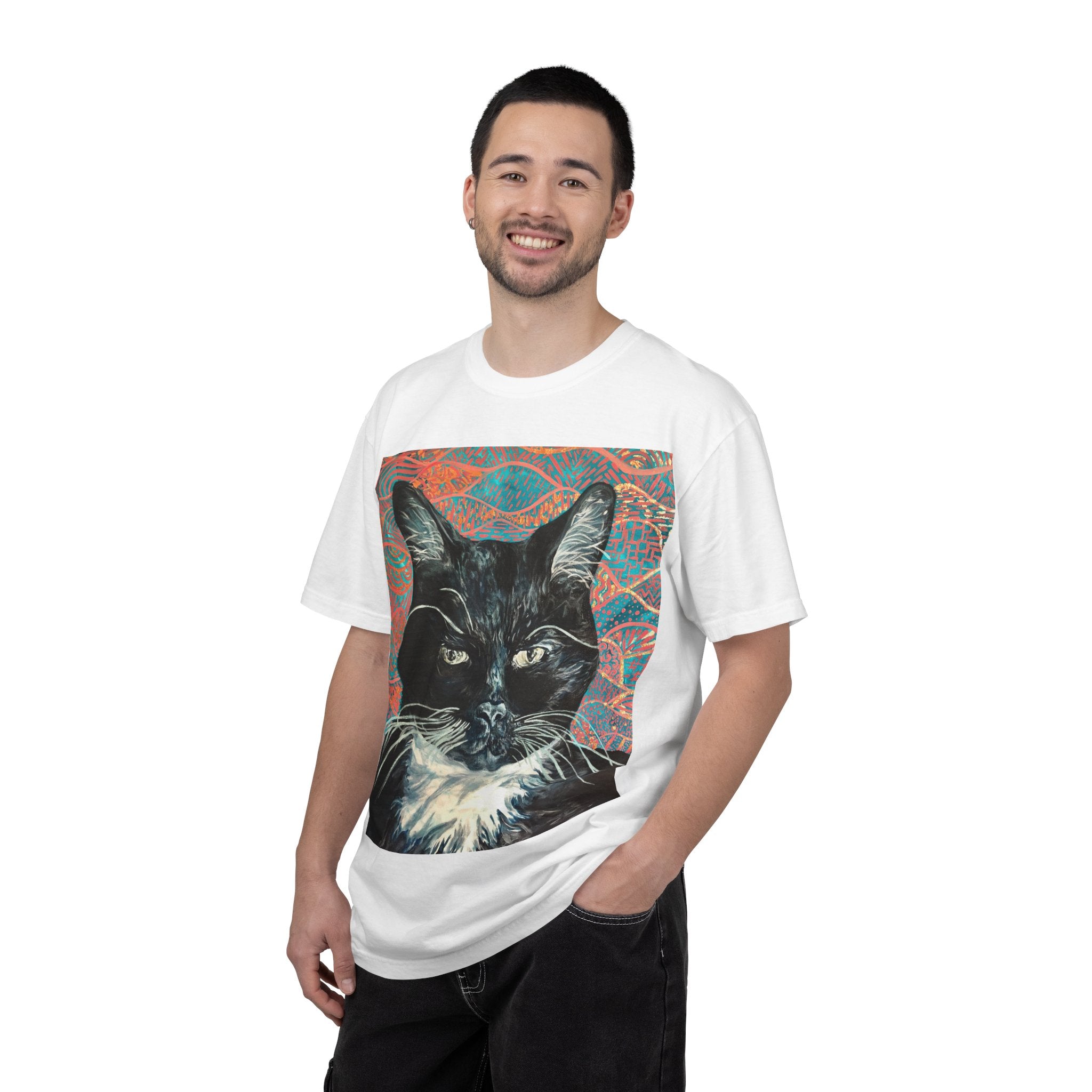 Black Cat Portrait T-Shirt — Painted Portrait on Pattern Background
