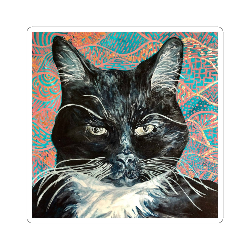 Black Cat Portrait Kiss-Cut Sticker — Patterned Background