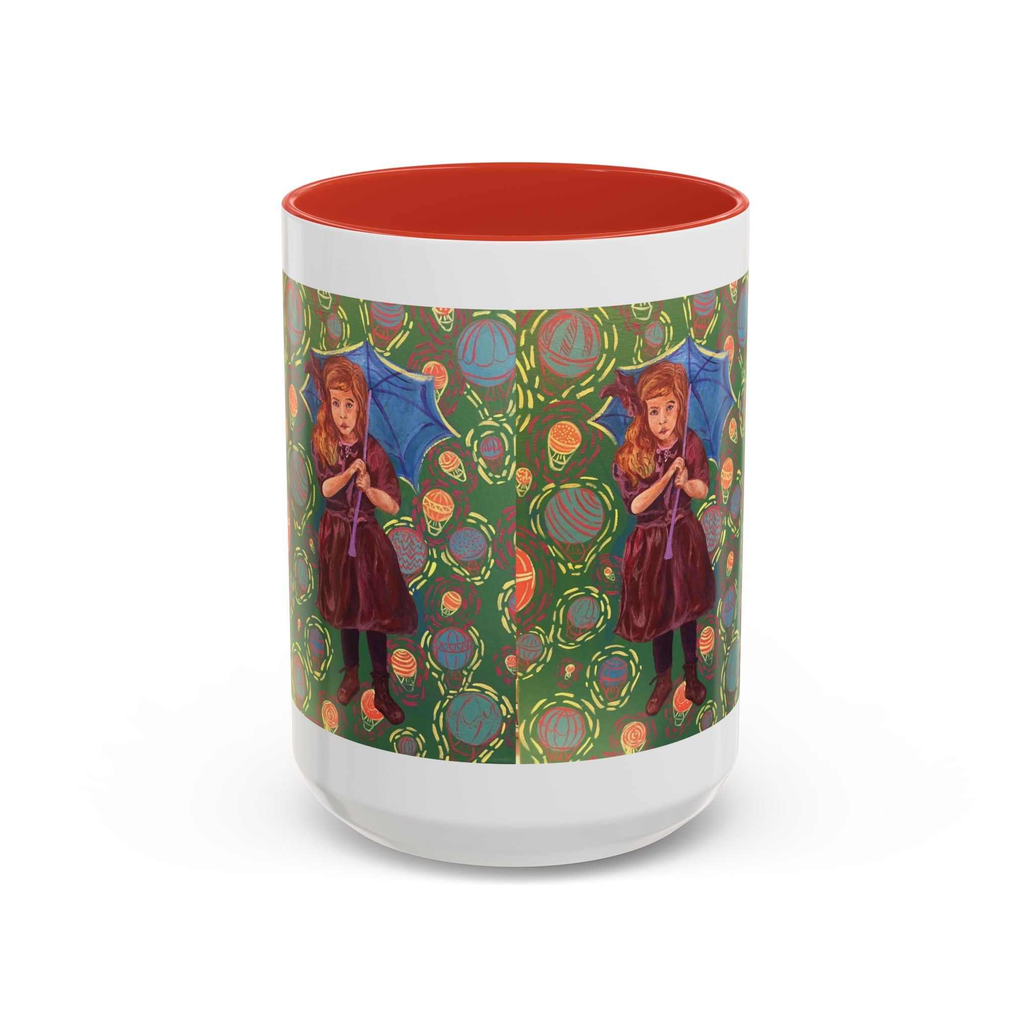 Vintage Girl with Umbrella Accent Coffee Mug — Whimsical Rainy-Day Art Gift (11/15 oz)