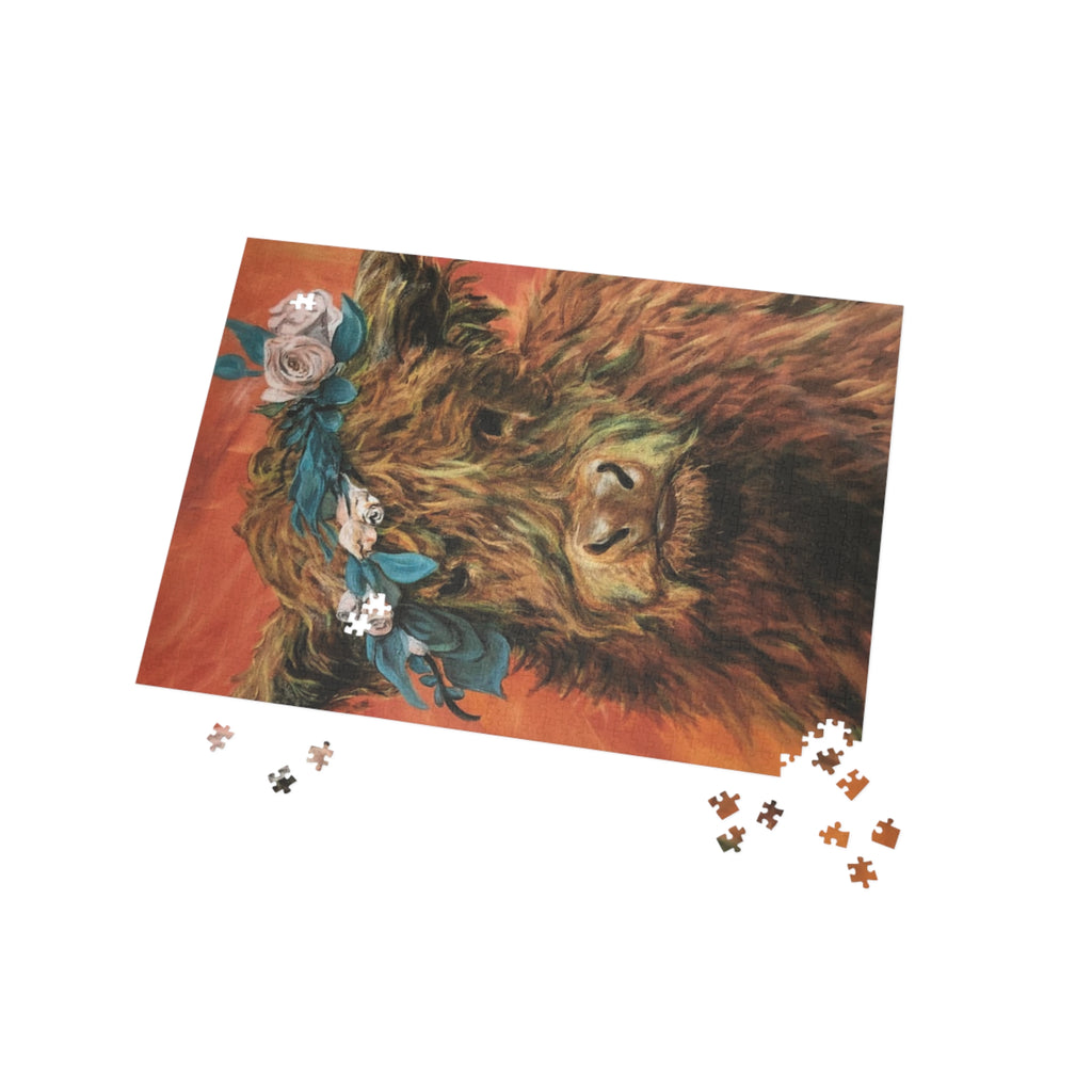Highland Cow Floral Crown Puzzle — Scenic Animal Jigsaw (96–1000 pcs)