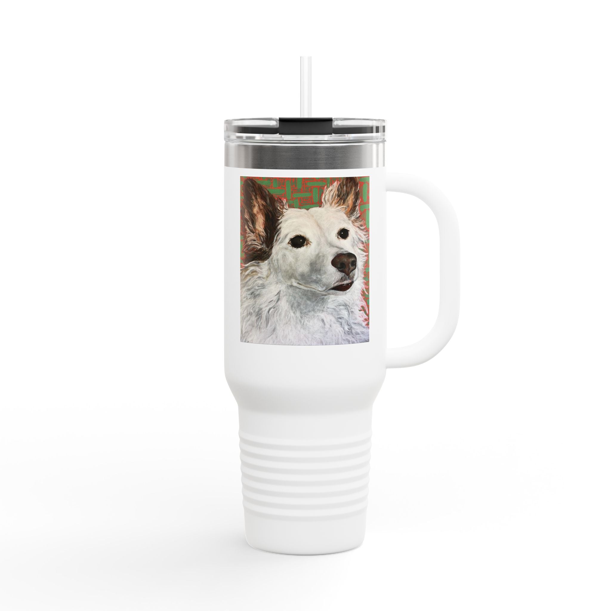 White Dog Portrait - 40oz Insulated Travel Mug — Painted White Dog Portrait with Brown Ears on Vibrant Pattern