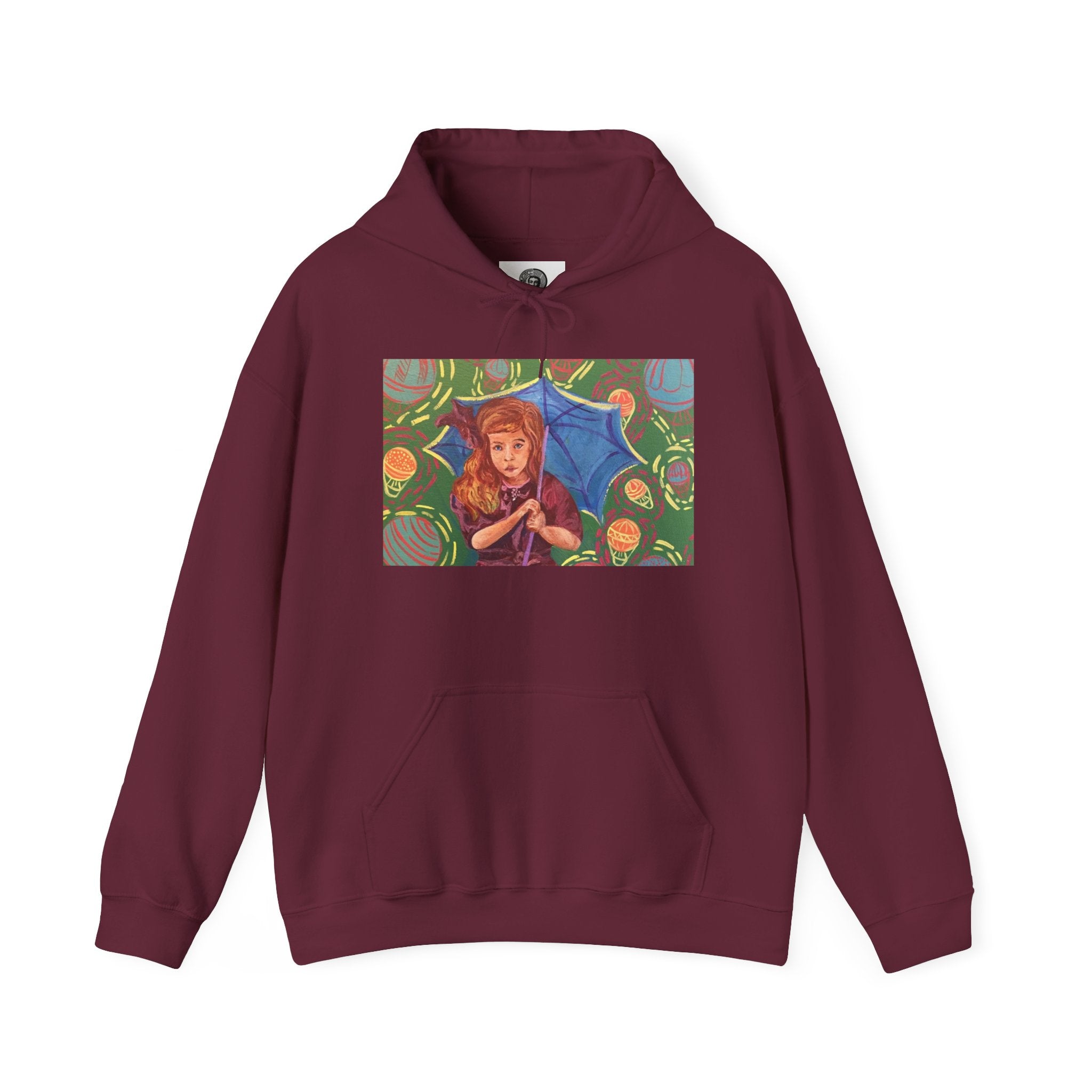 Vintage Girl with Umbrella Graphic Sweatshirt - Kids' Rainy Day Illustration Hoodie