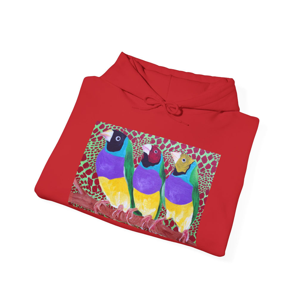 Gouldian Finch Trio Hoodie — Colorful Tropical Bird Graphic Pullover