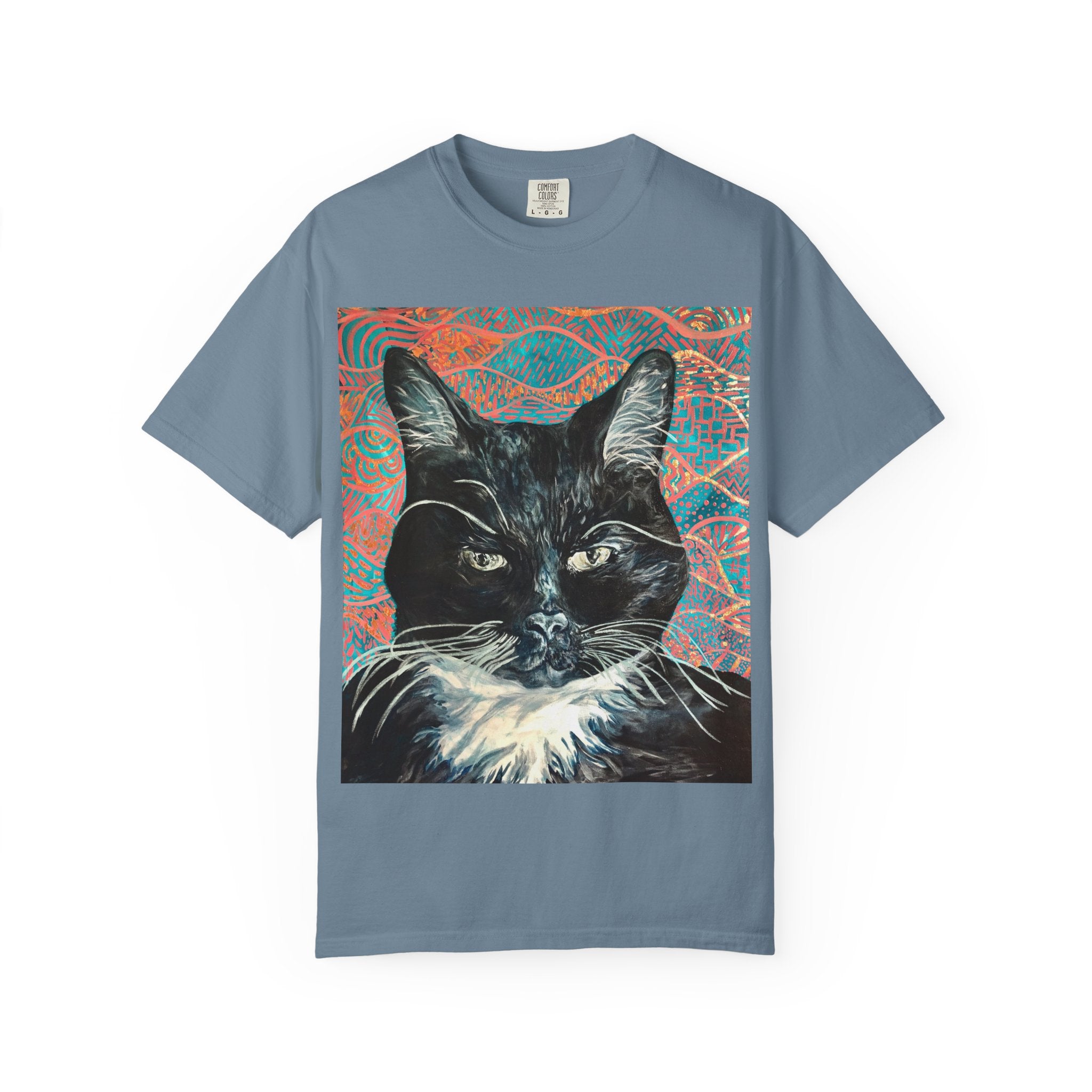 Black Cat Portrait T-Shirt — Painted Portrait on Pattern Background