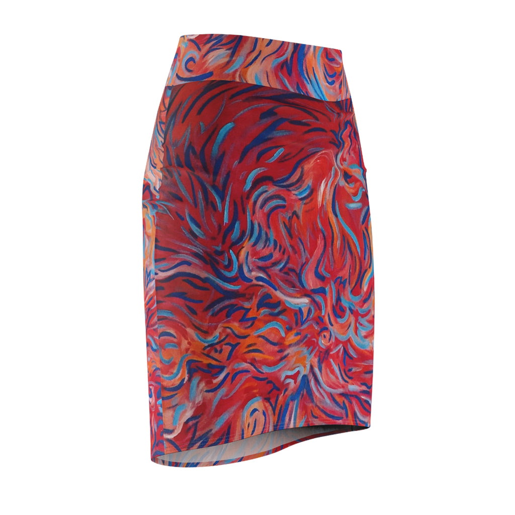 Abstract Flame Swirl Pencil Skirt — Bold Artistic Printed Pencil Skirt