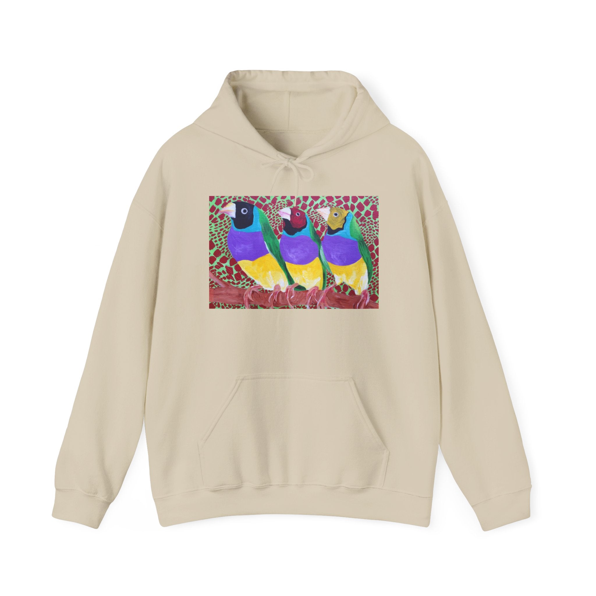 Gouldian Finch Trio Hoodie — Colorful Tropical Bird Graphic Pullover