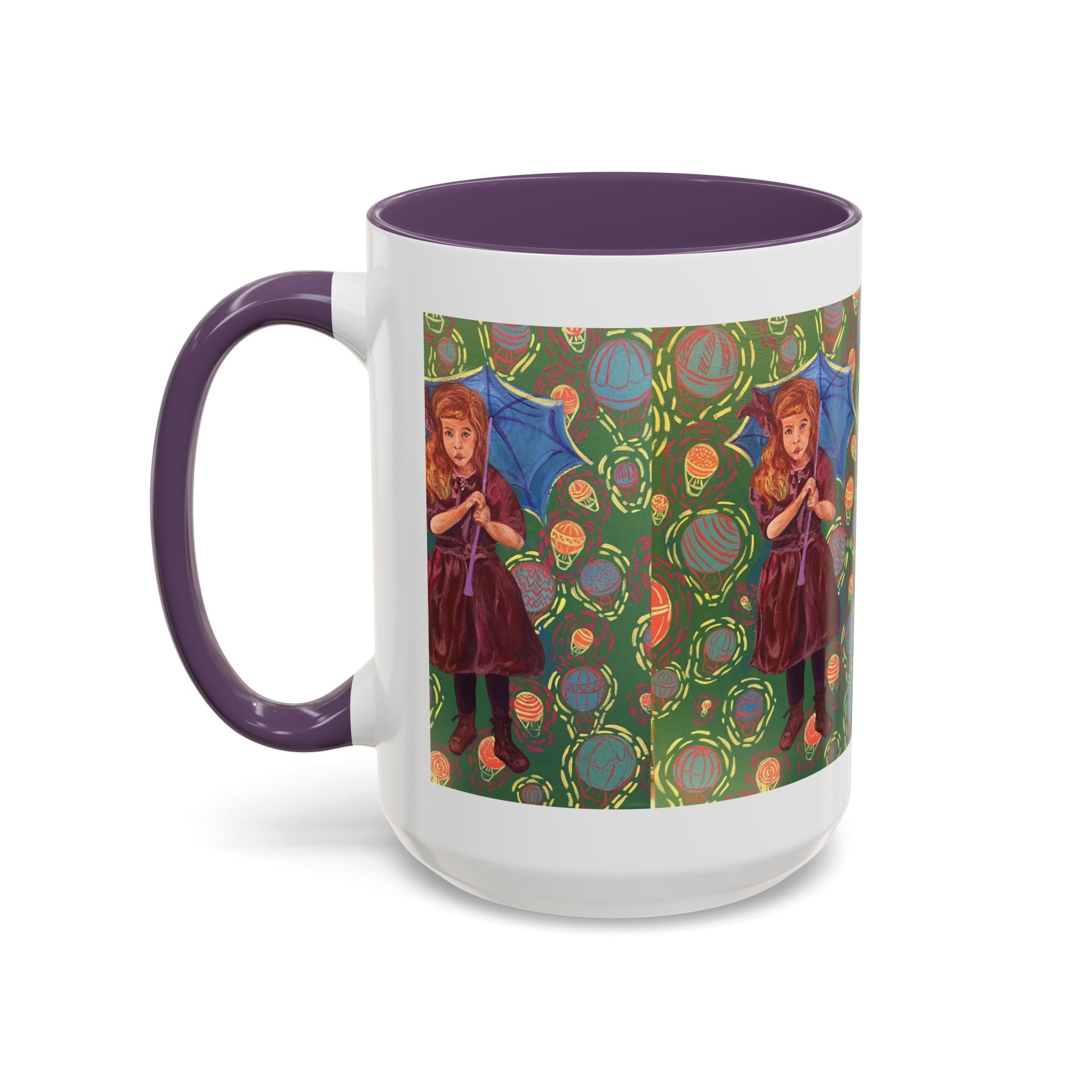 Vintage Girl with Umbrella Accent Coffee Mug — Whimsical Rainy-Day Art Gift (11/15 oz)