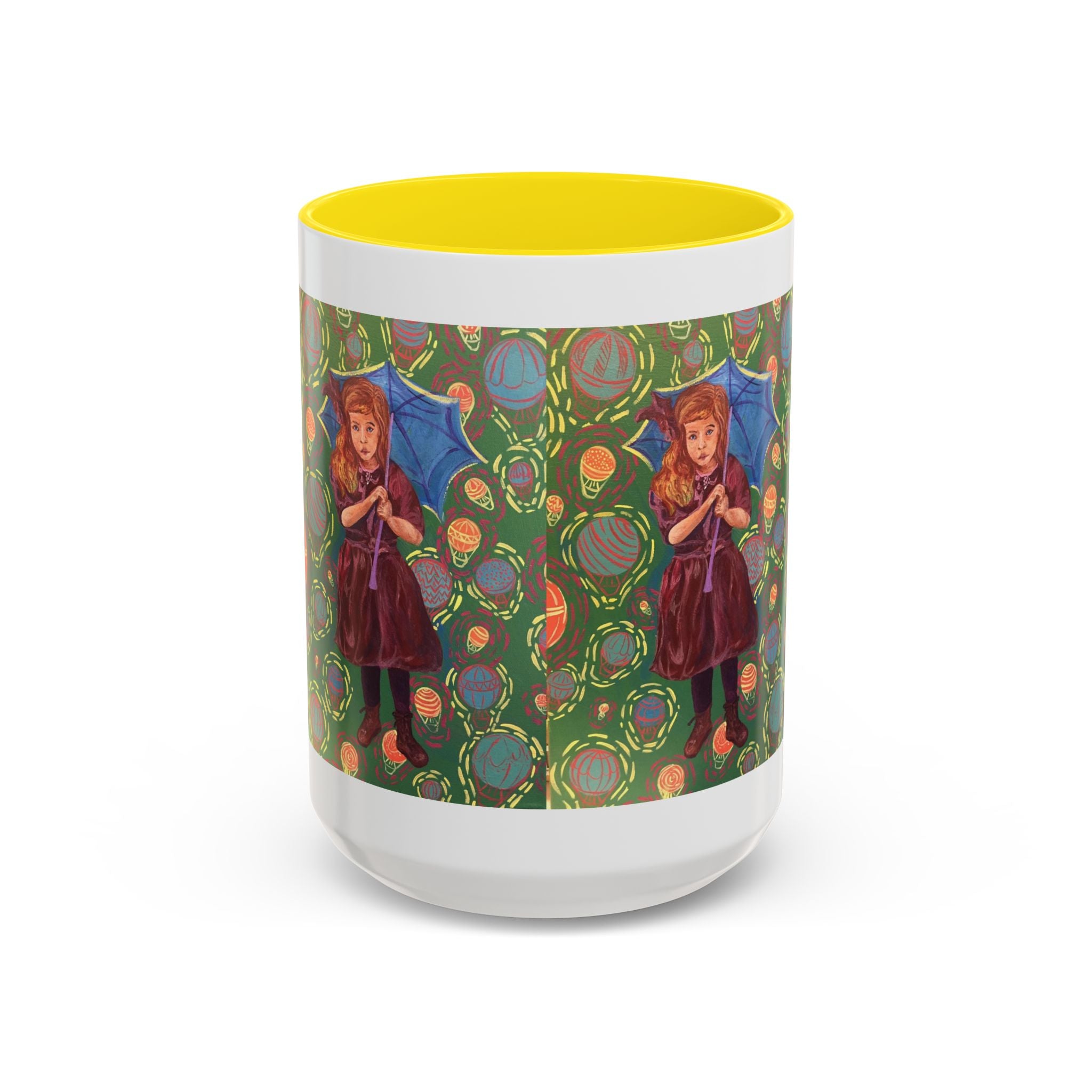 Vintage Girl with Umbrella Accent Coffee Mug — Whimsical Rainy-Day Art Gift (11/15 oz)