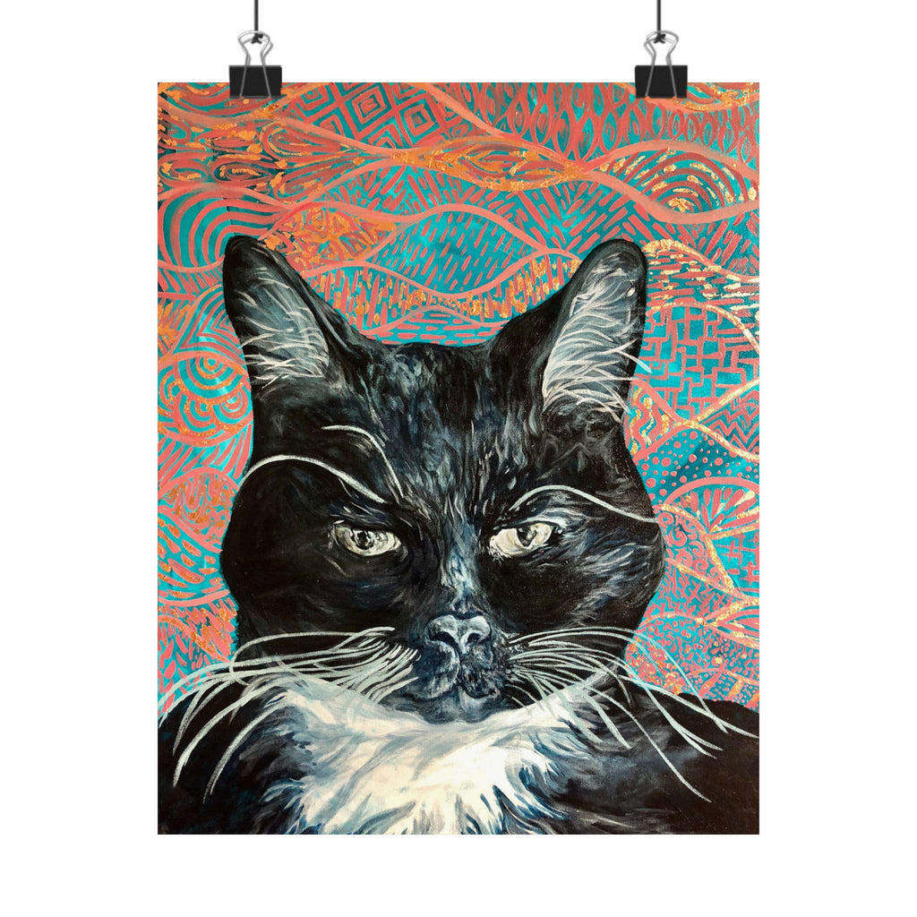 Black Cat Portrait Matte Poster — Vertical Wall Art on Patterned Background