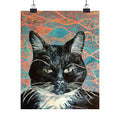 Black Cat Portrait Matte Poster — Vertical Wall Art on Patterned Background