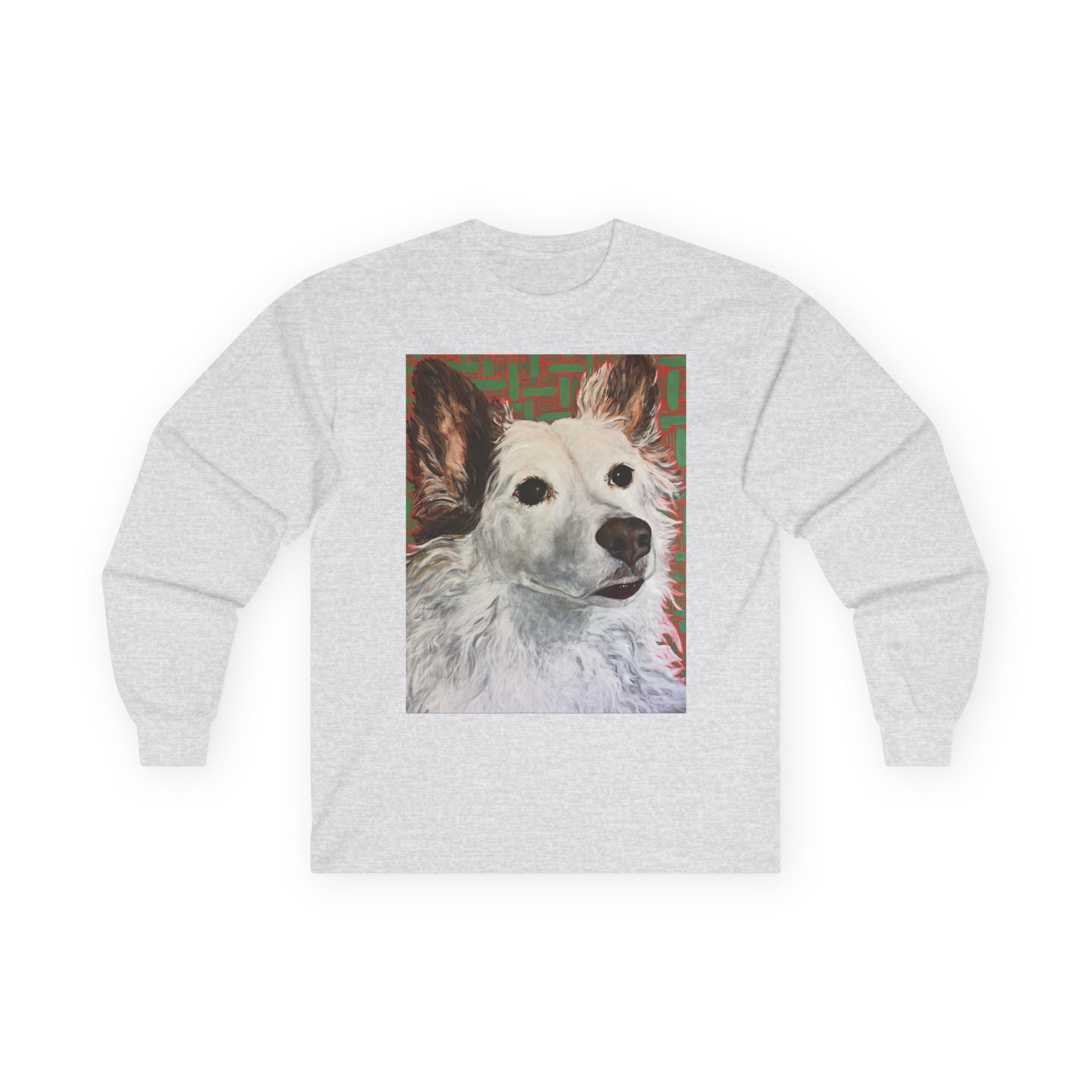 White Dog Portrait Long Sleeve Tee — Brown-Eared Canine Art